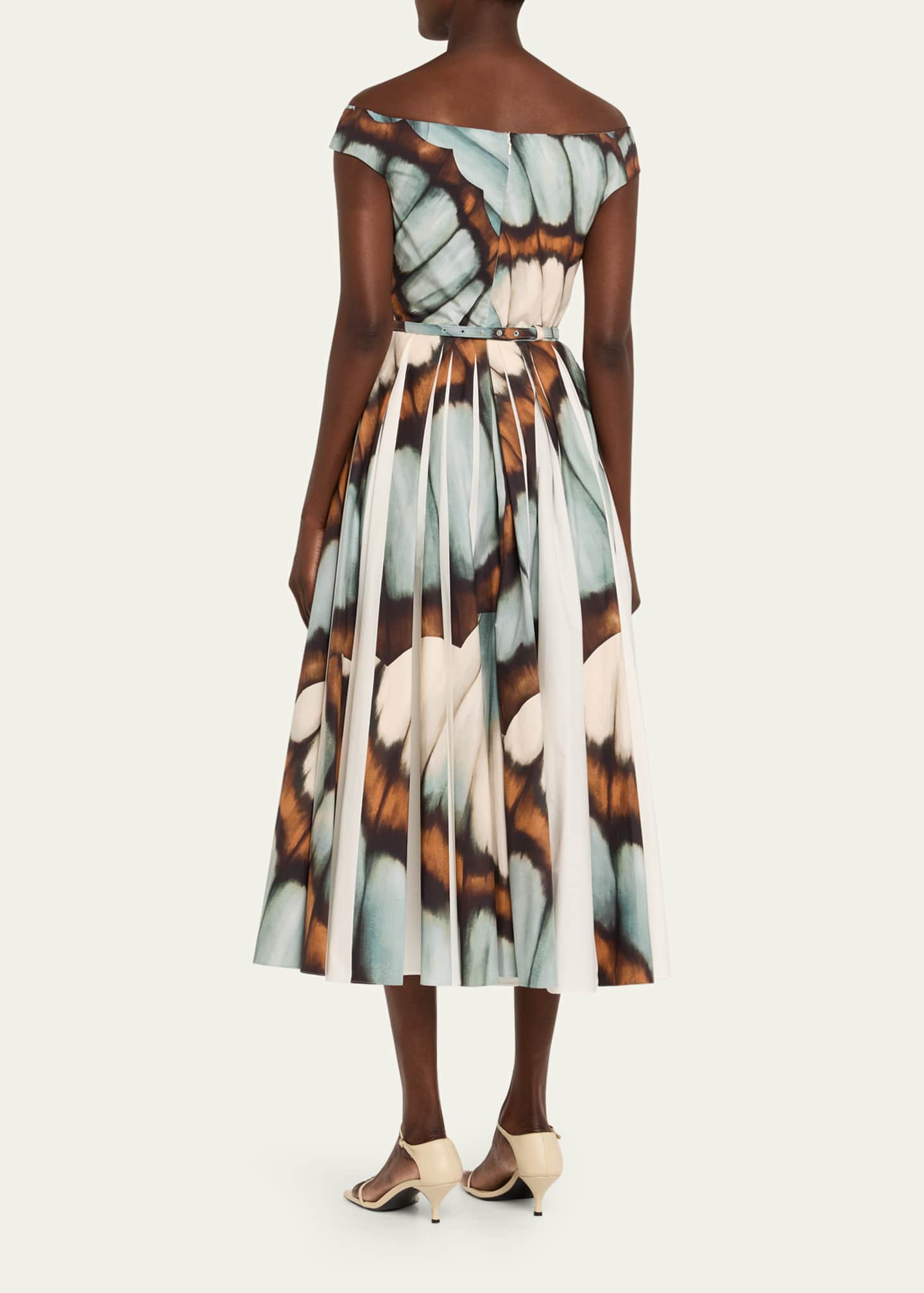 Oscar de la Renta Off-The-Shoulder Butterfly Poplin Pleated Midi Dress With Belt Image 3 of 5
