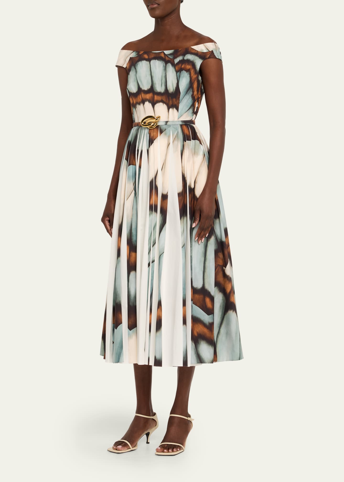 Oscar de la Renta Off-The-Shoulder Butterfly Poplin Pleated Midi Dress With Belt Image 4 of 5