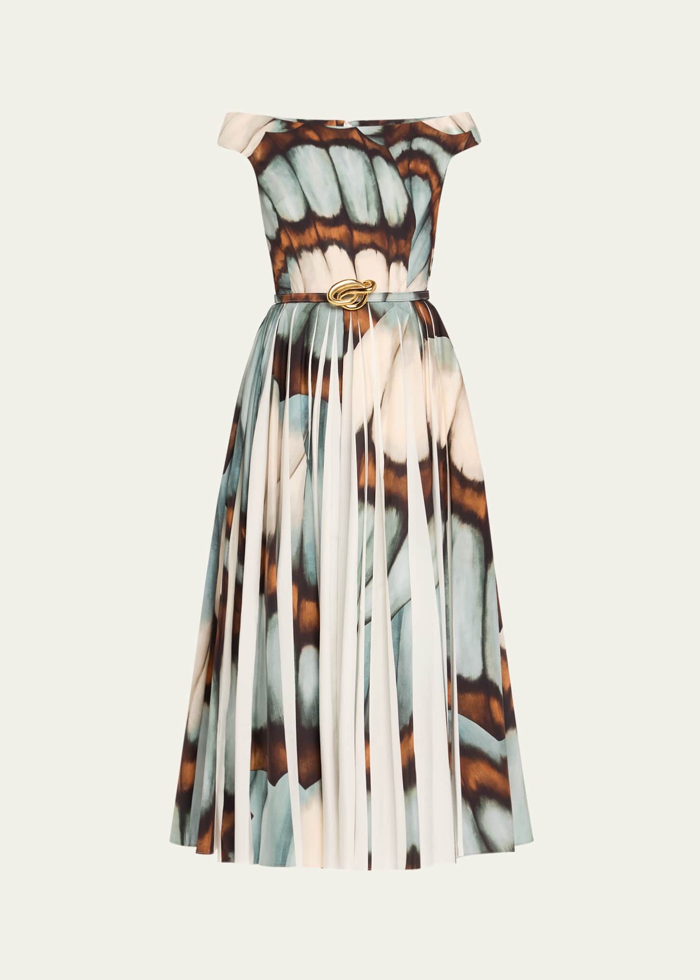 Oscar de la Renta Off-The-Shoulder Butterfly Poplin Pleated Midi Dress With Belt Image 1 of 5