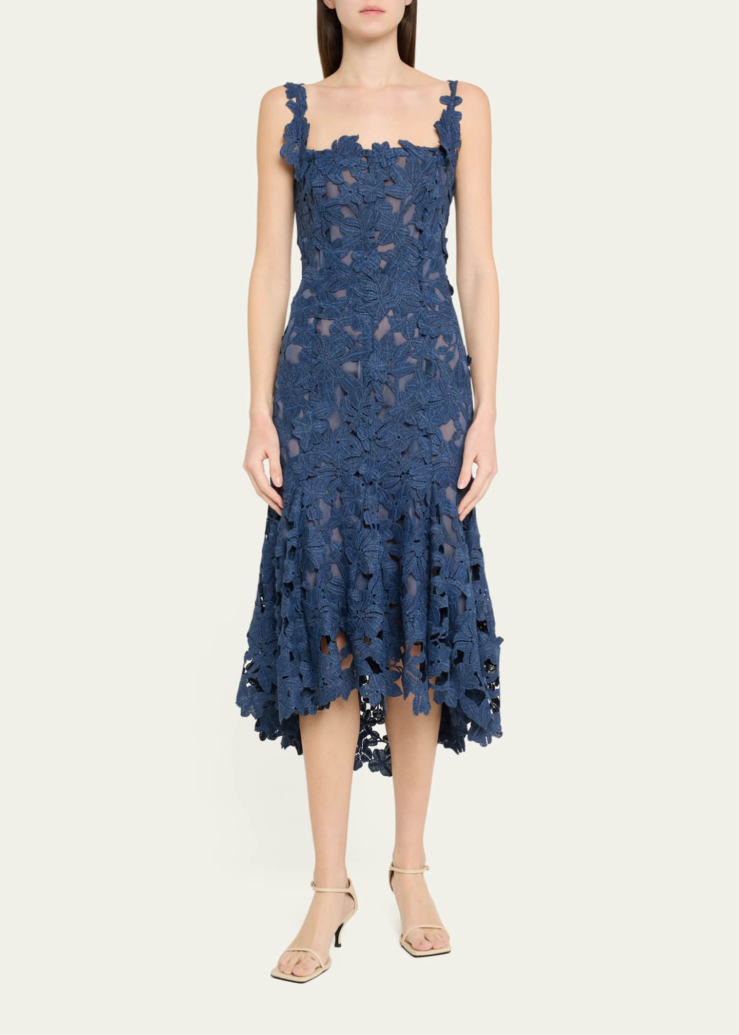 Oscar de la Renta Guipure Asymmetric Trumpet Midi Day Dress Image 2 of 5