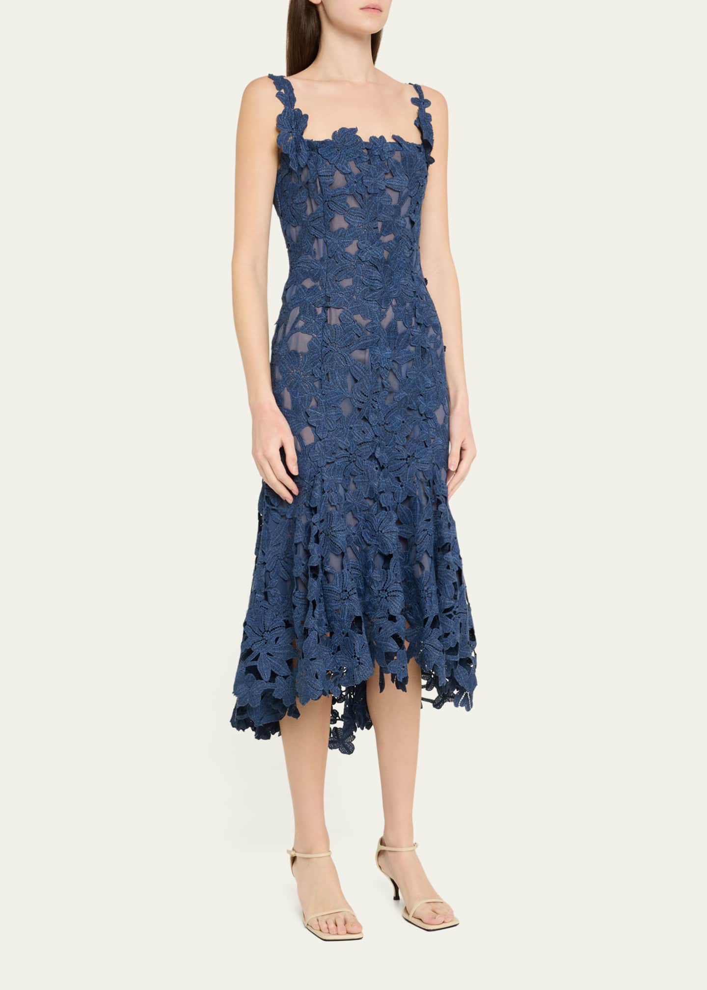 Oscar de la Renta Guipure Asymmetric Trumpet Midi Day Dress Image 4 of 5
