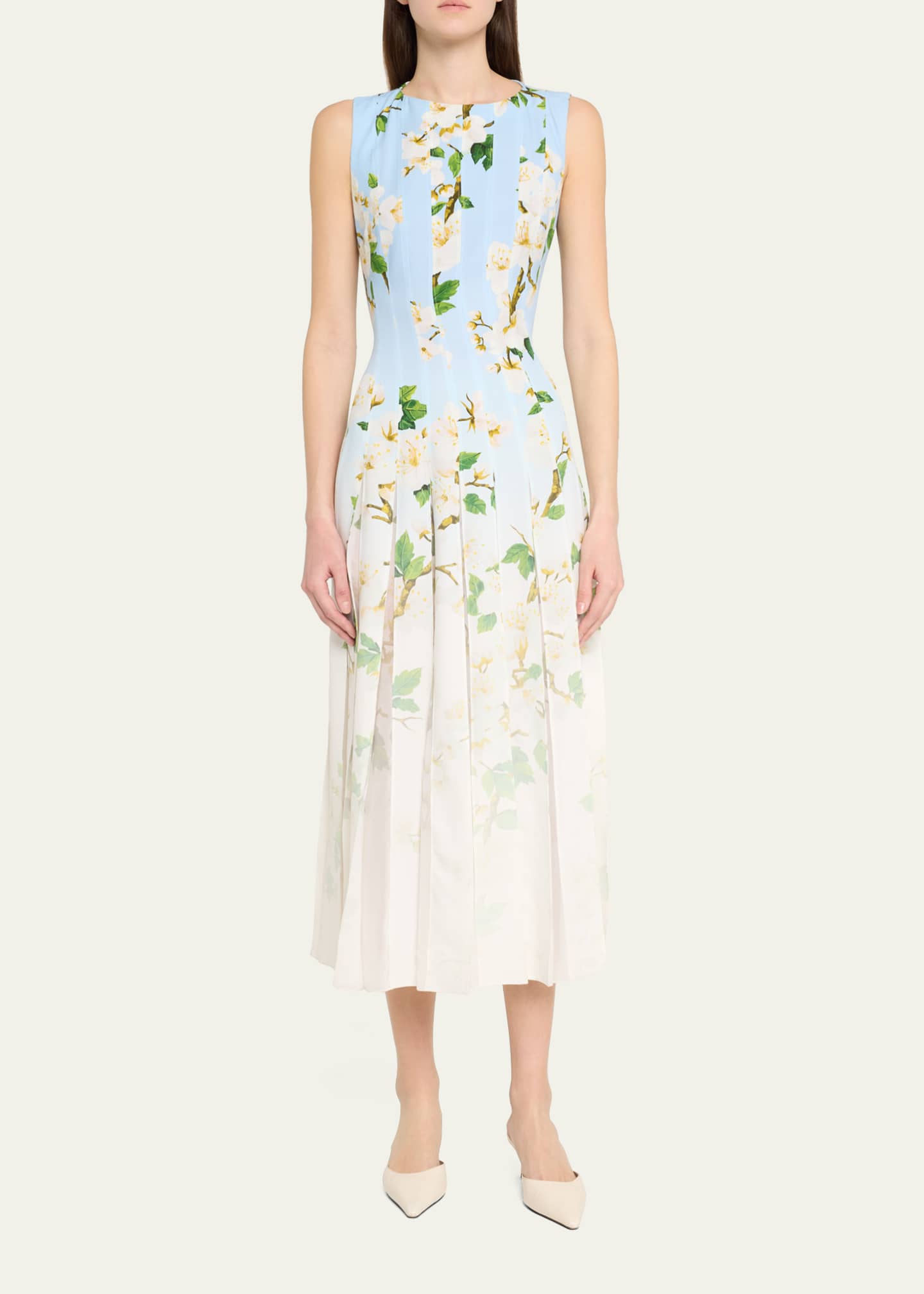 Oscar de la Renta Sleeveless Cherry Blossom Pleated Cady Midi Dress Image 2 of 5