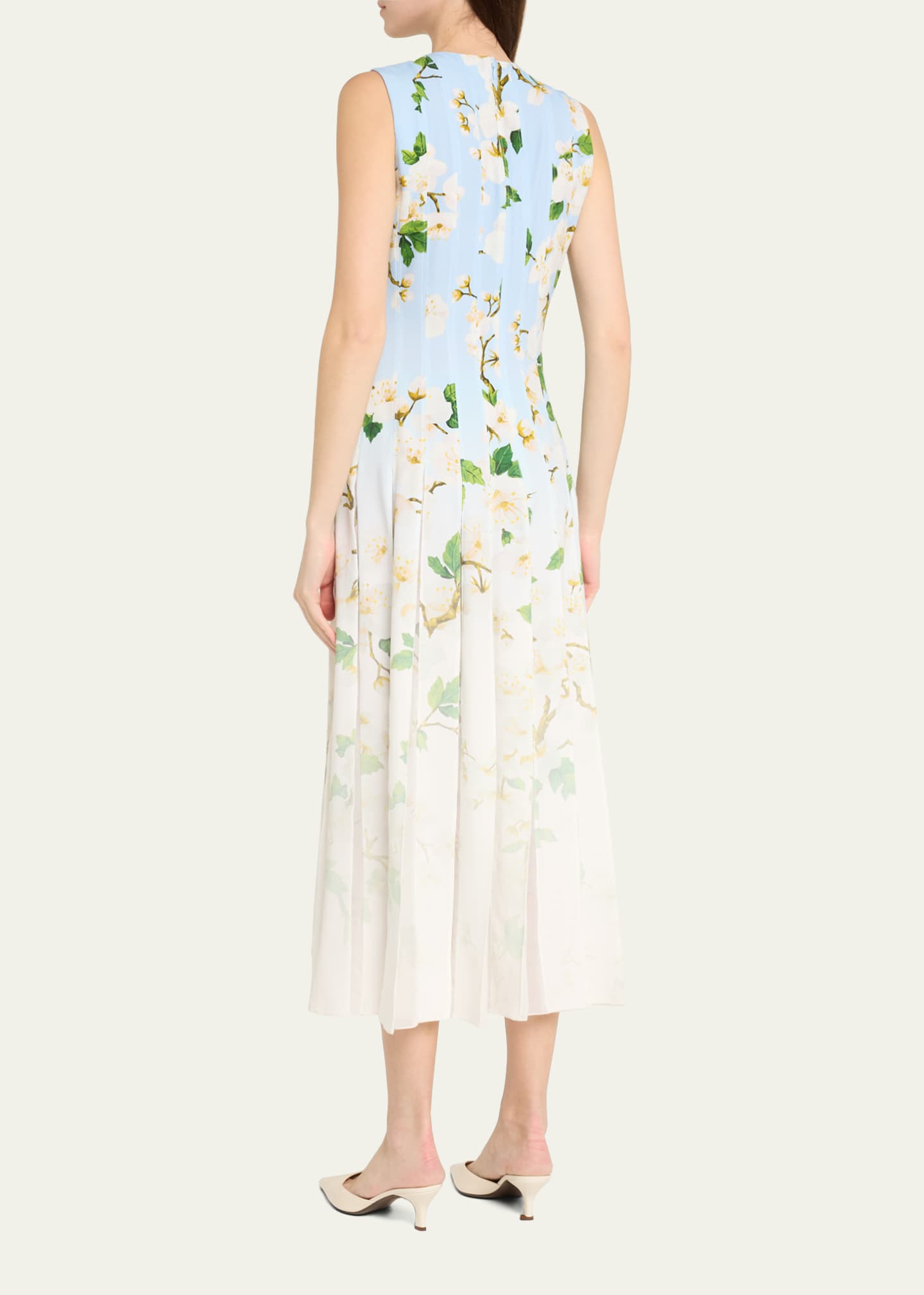 Oscar de la Renta Sleeveless Cherry Blossom Pleated Cady Midi Dress Image 3 of 5