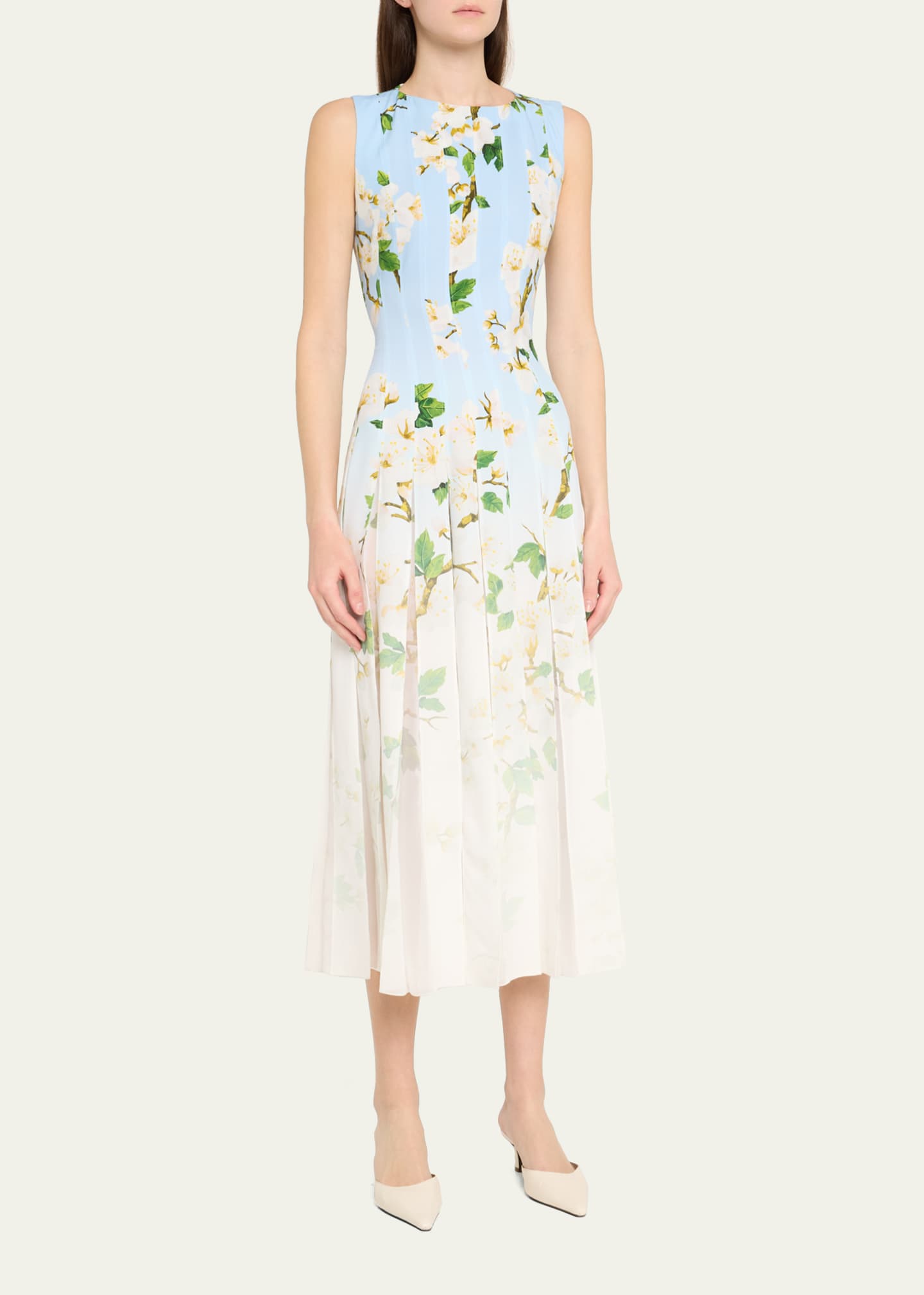 Oscar de la Renta Sleeveless Cherry Blossom Pleated Cady Midi Dress Image 4 of 5