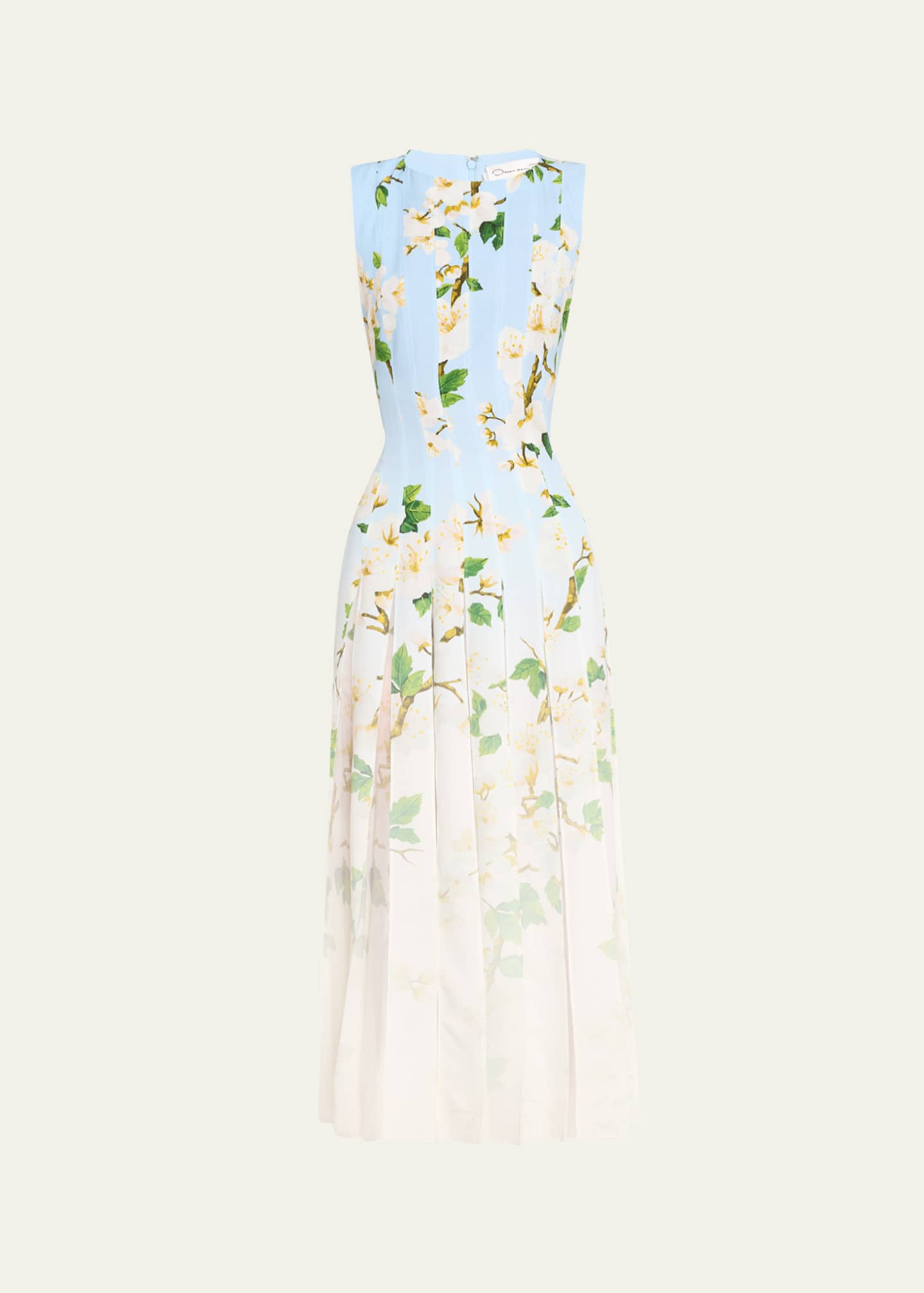 Oscar de la Renta Sleeveless Cherry Blossom Pleated Cady Midi Dress Image 1 of 5