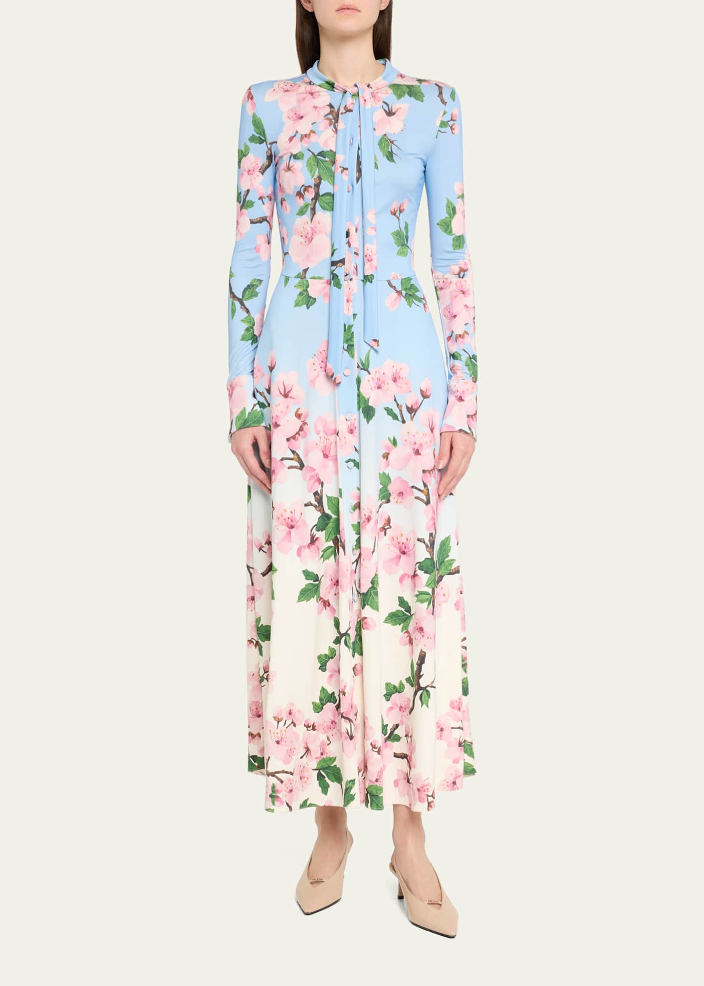 Oscar de la Renta Cherry Blossom Degrade Jersey Long-Sleeve Maxi Dress Image 2 of 5