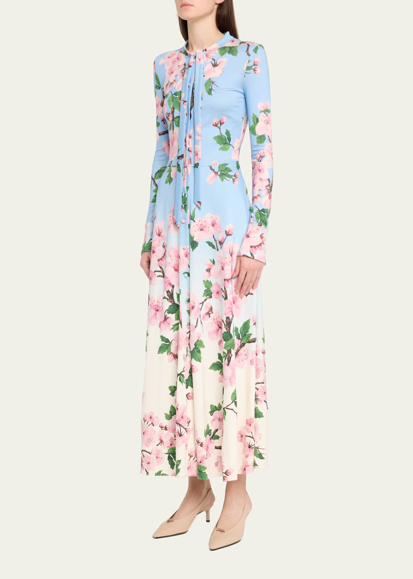 Oscar de la Renta Cherry Blossom Degrade Jersey Long-Sleeve Maxi Dress Image 4 of 5