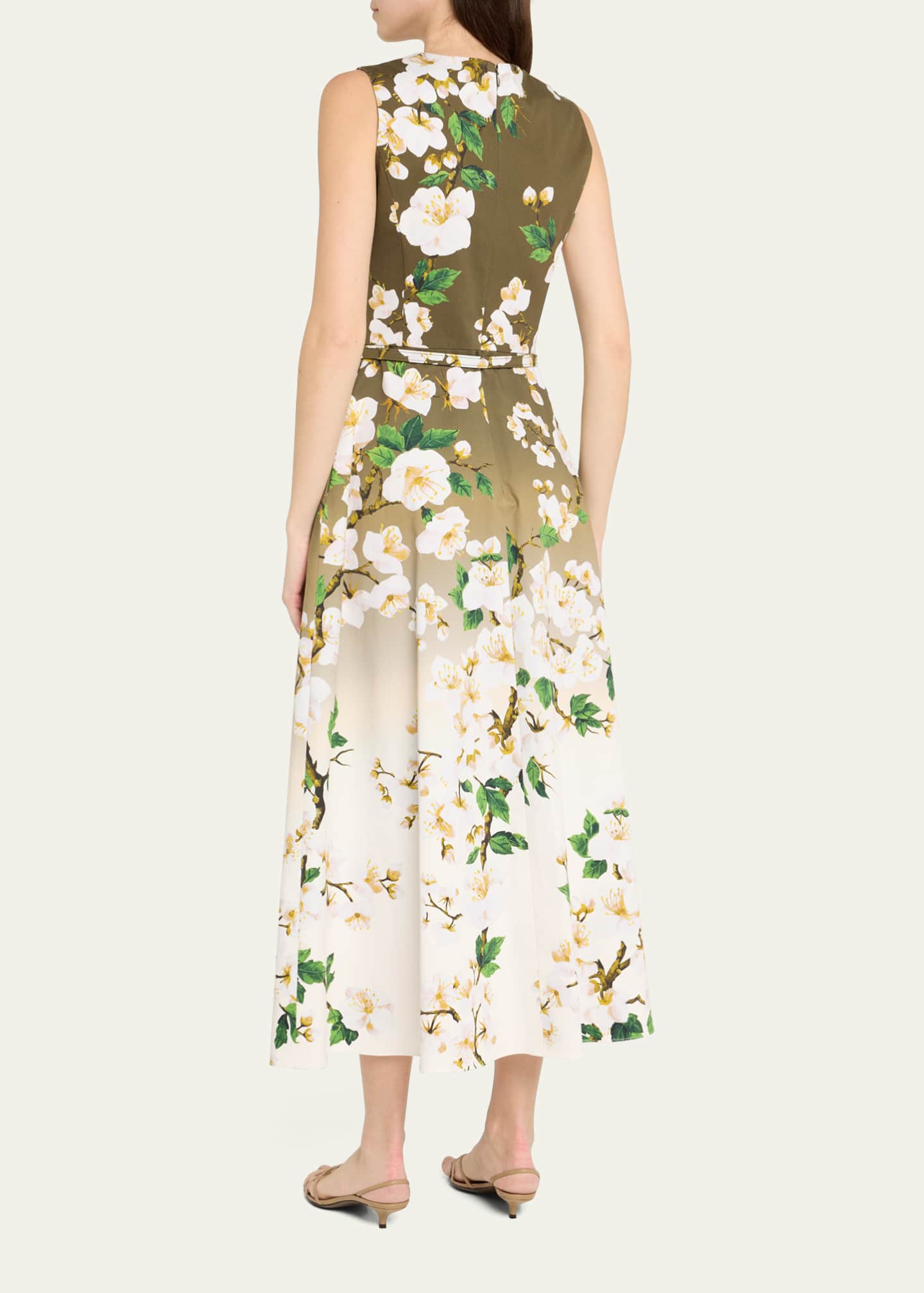 Oscar de la Renta Sleeveless Ombre Cherry Blossom Tea-Length Dress With Belt Image 3 of 5