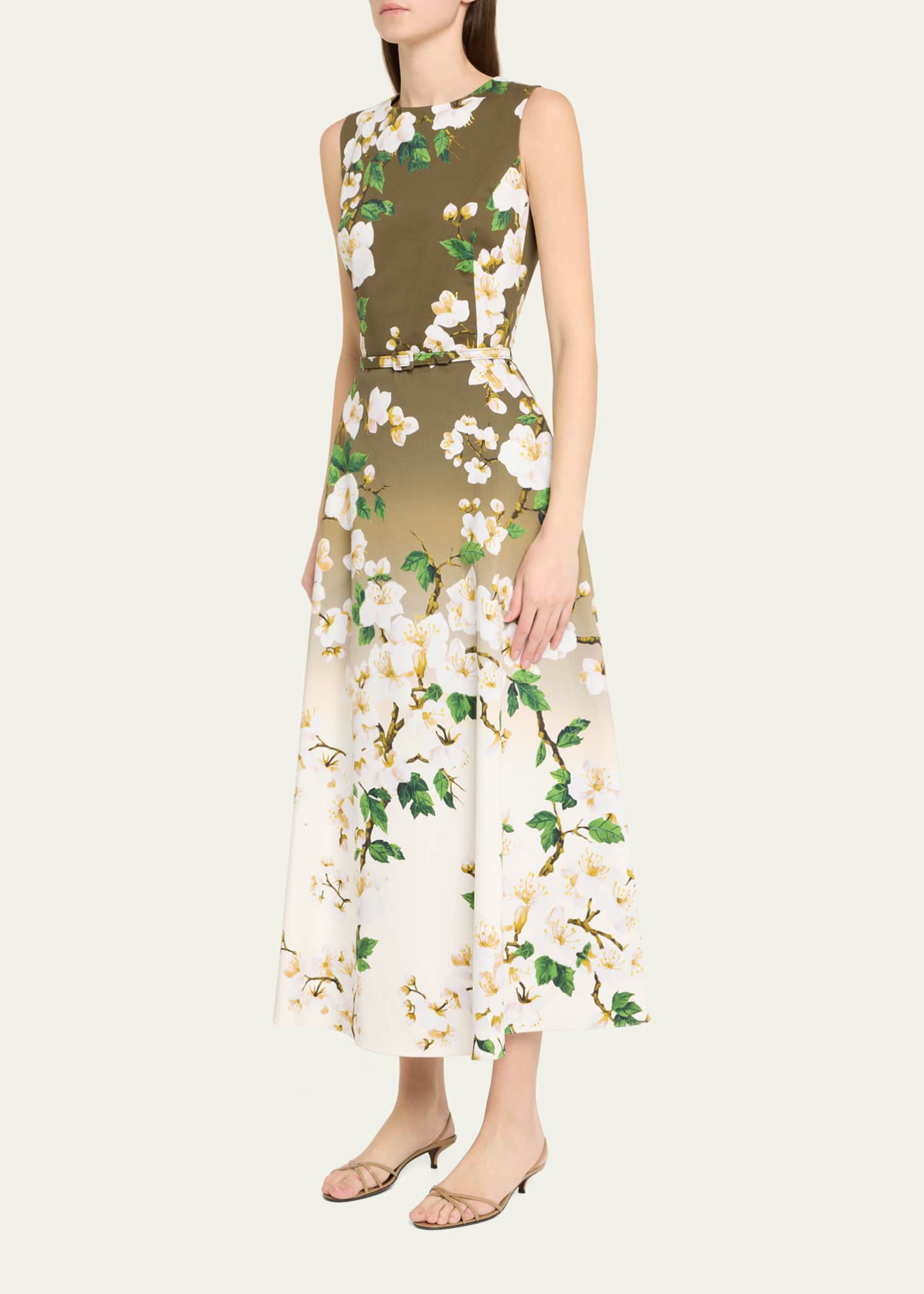 Oscar de la Renta Sleeveless Ombre Cherry Blossom Tea-Length Dress With Belt Image 4 of 5
