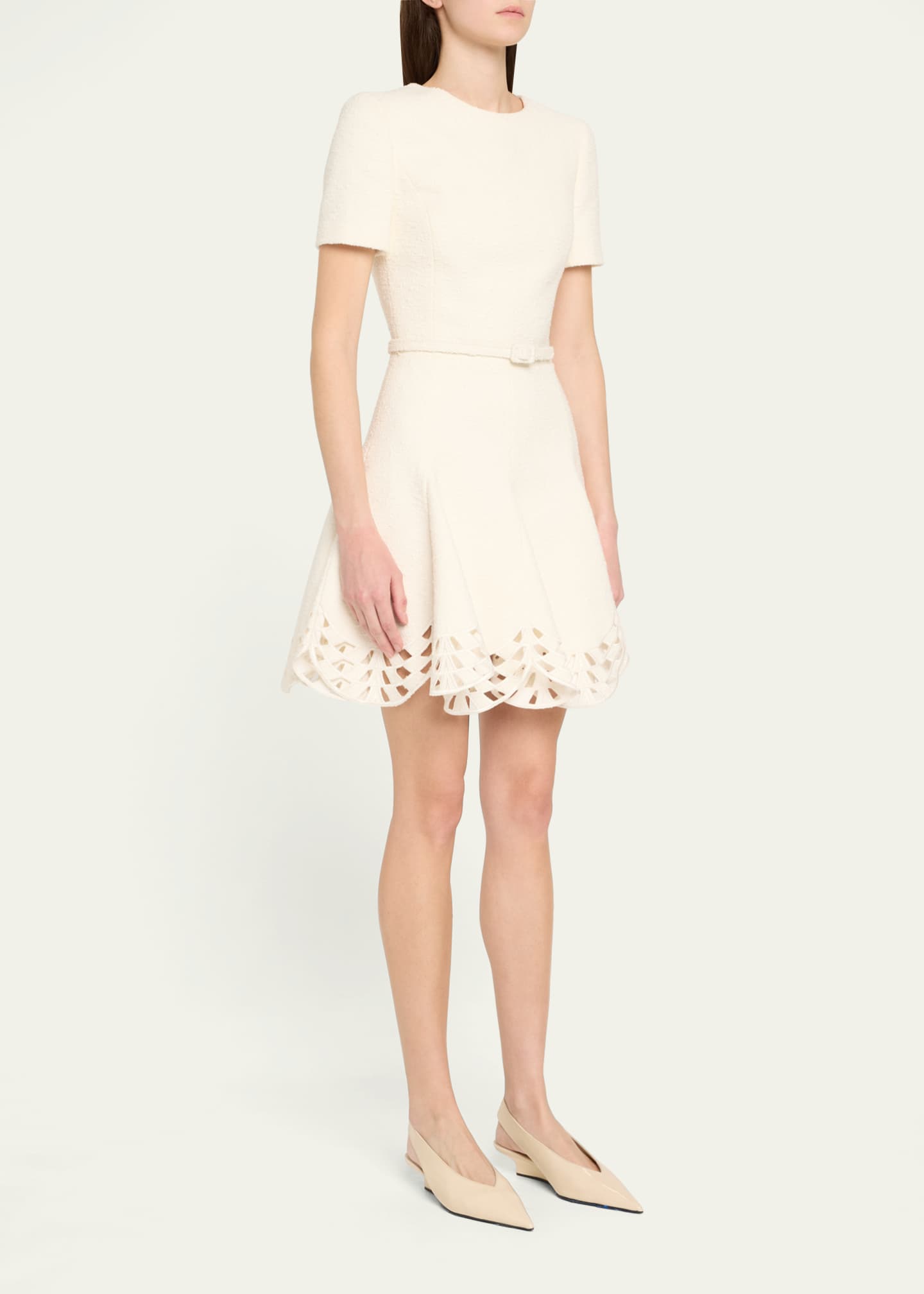 Oscar de la Renta Short-Sleeve Cutout-Hem Tweed Mini Dress With Belt Image 4 of 5