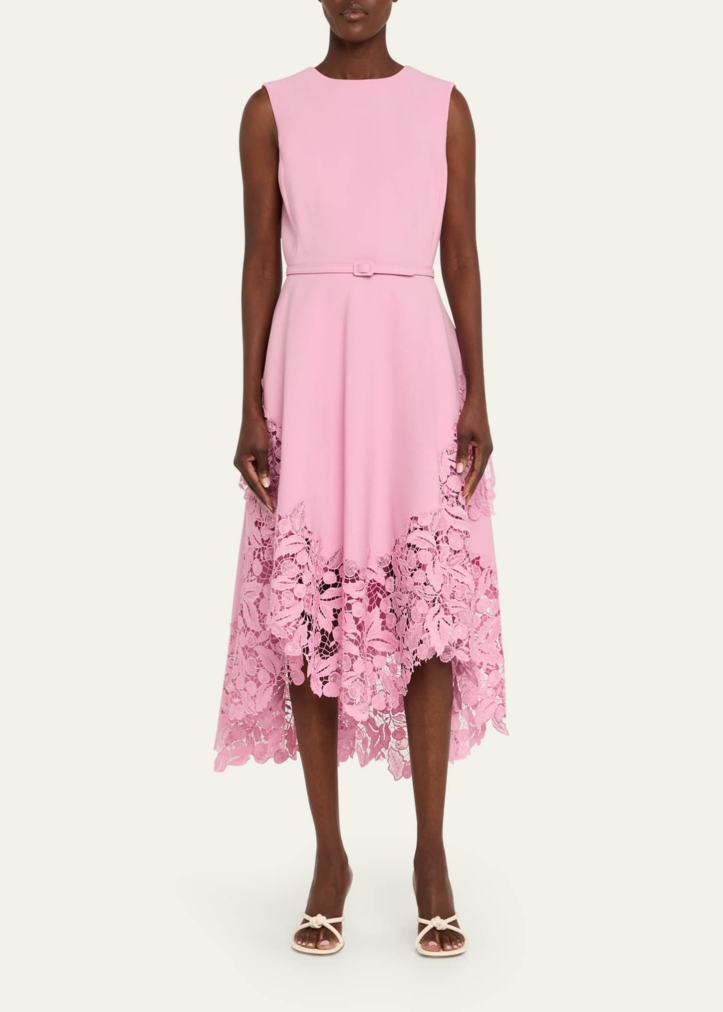 Oscar de la Renta Sleeveless Cherry Guipure Embroidered High-Low Dress With Belt Image 2 of 5
