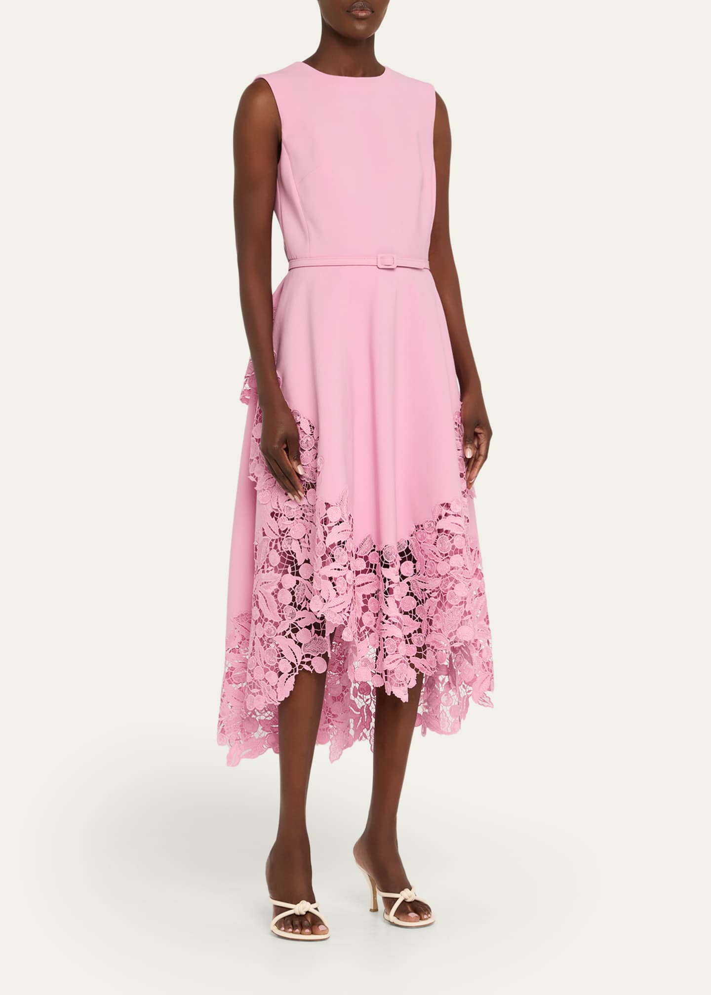 Oscar de la Renta Sleeveless Cherry Guipure Embroidered High-Low Dress With Belt Image 4 of 5