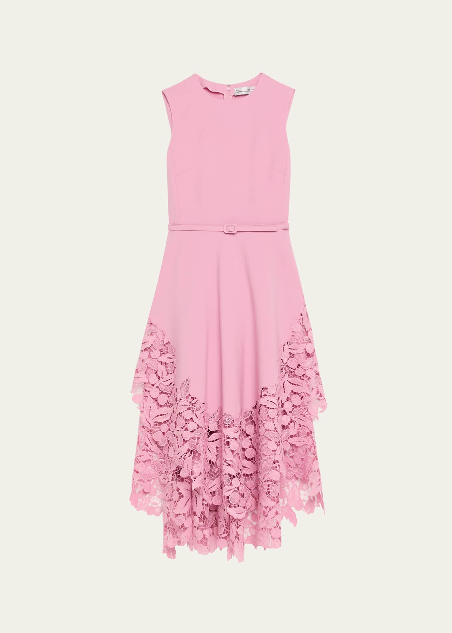 Oscar de la Renta Sleeveless Cherry Guipure Embroidered High-Low Dress With Belt Image 1 of 5