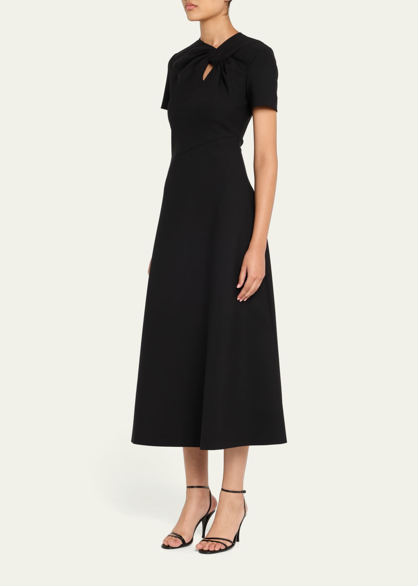 Oscar de la Renta Twisted-Neck Short-Sleeve Double Stretch Wool Midi Dress Image 4 of 5