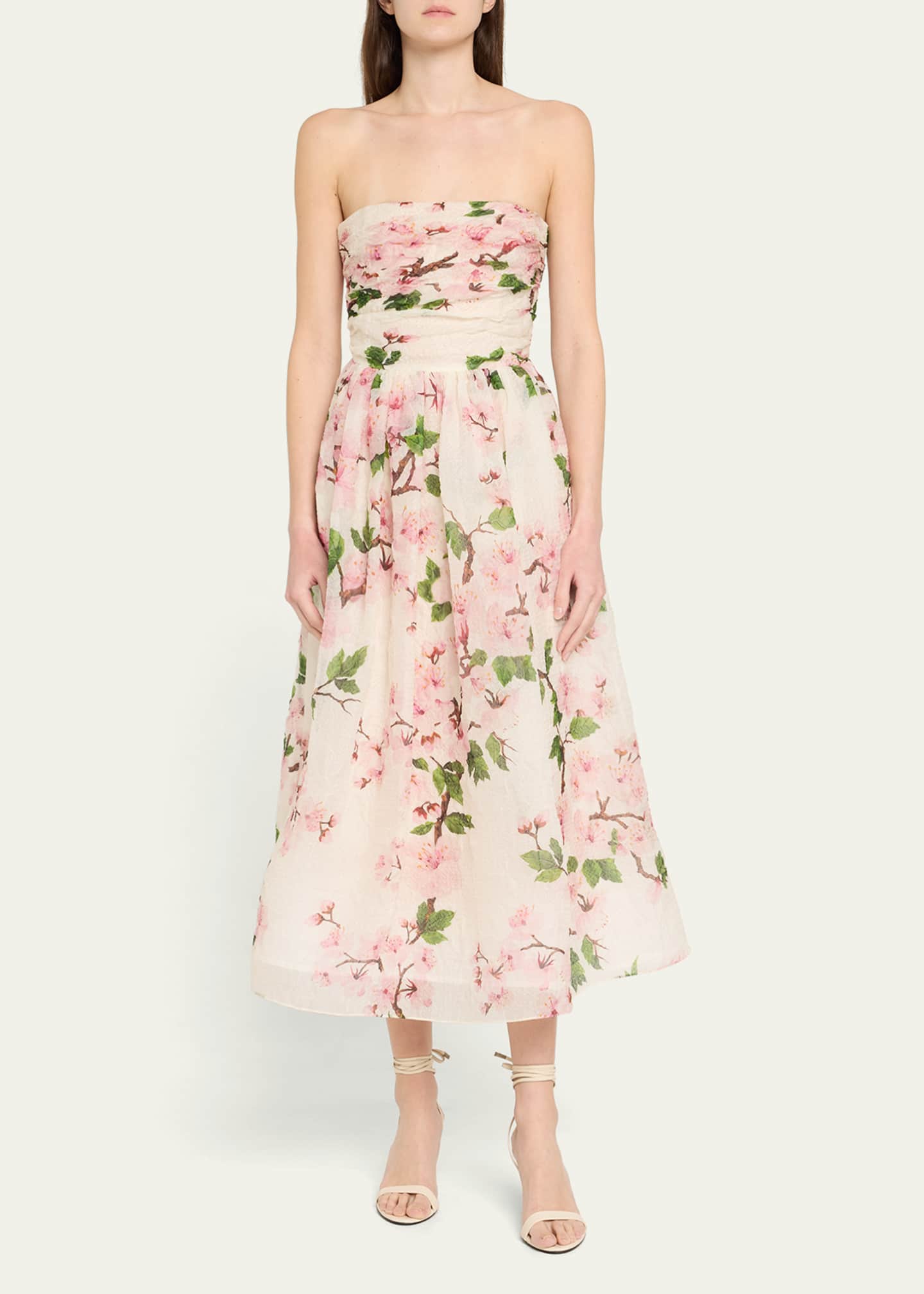 Oscar de la Renta Strapless Cherry Blossom Draped Organza Dress Image 2 of 5