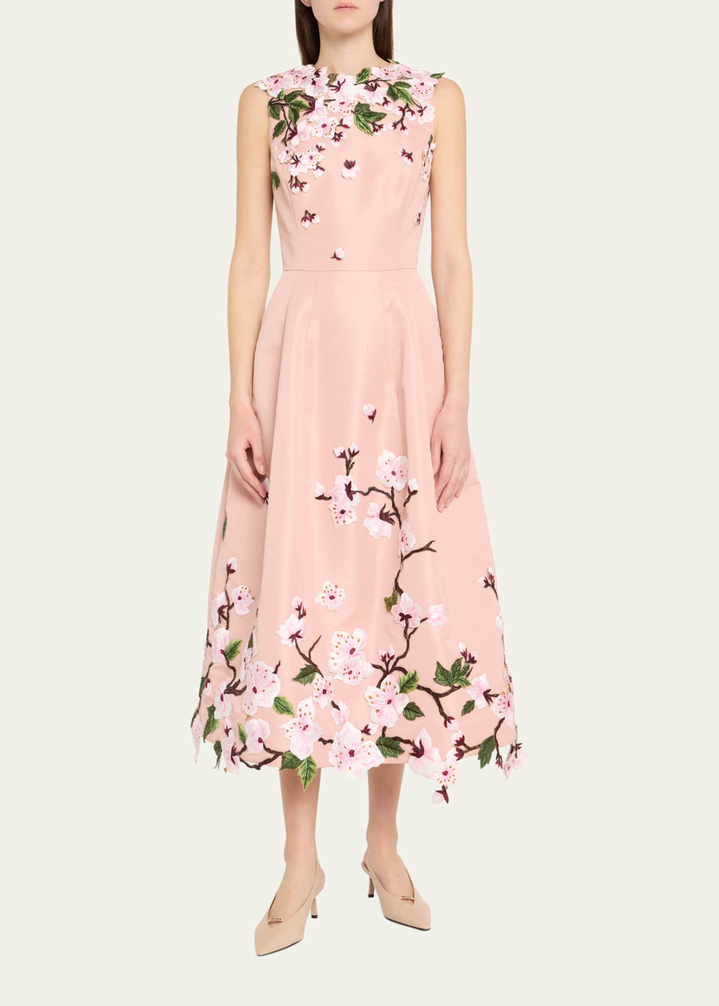 Oscar de la Renta Cherry Blossom Embroidered Faille Sleeveless Cocktail Dress Image 2 of 5