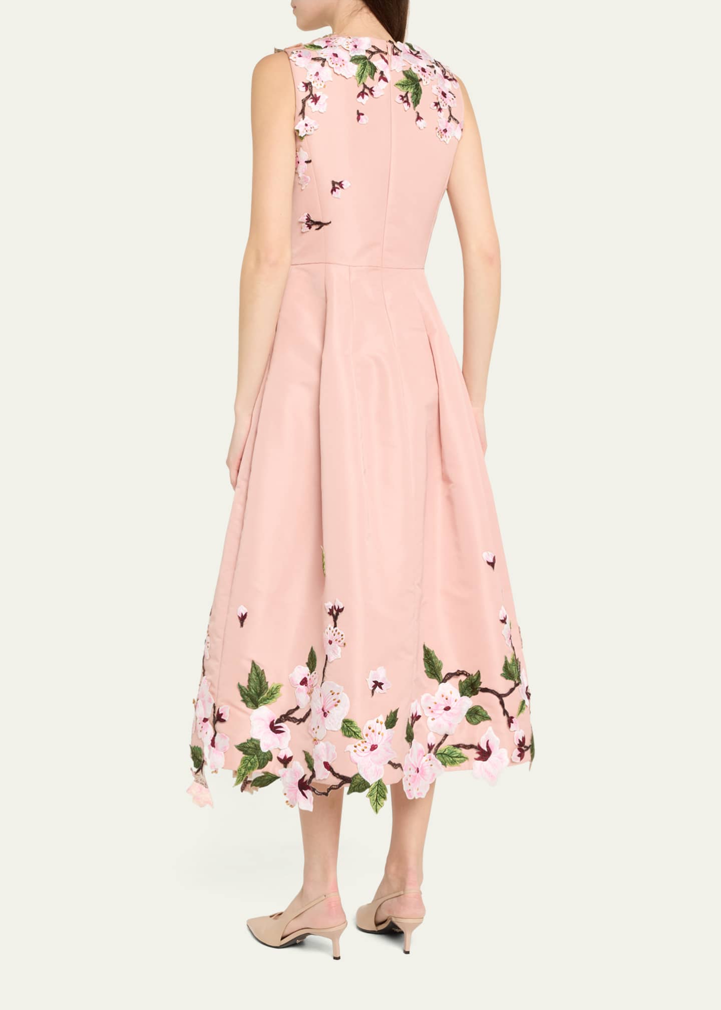 Oscar de la Renta Cherry Blossom Embroidered Faille Sleeveless Cocktail Dress Image 3 of 5