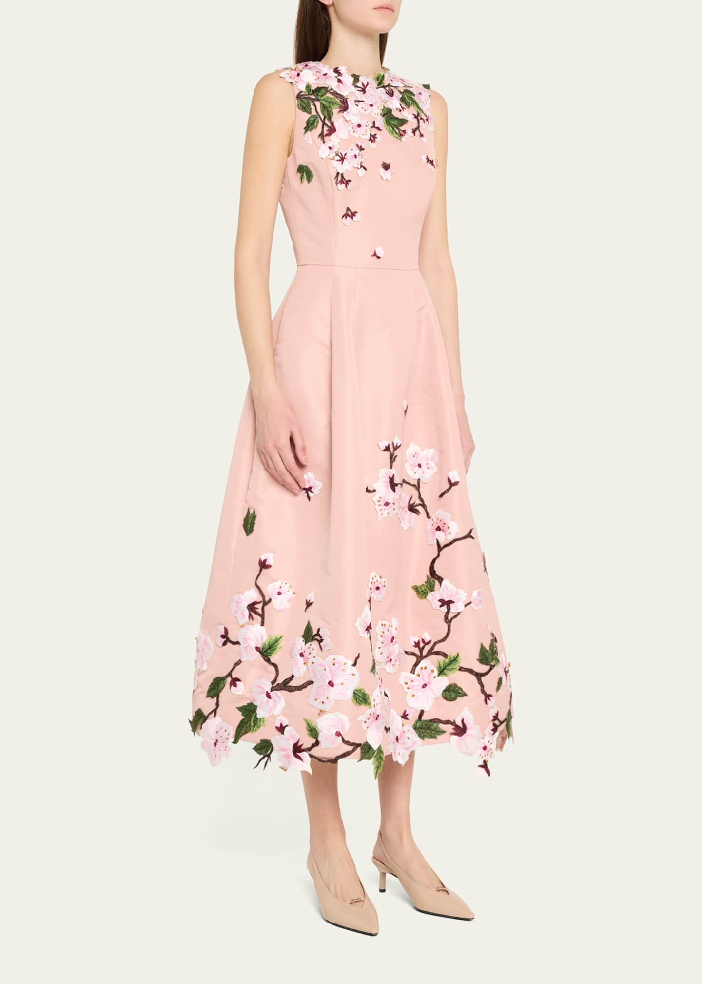 Oscar de la Renta Cherry Blossom Embroidered Faille Sleeveless Cocktail Dress Image 4 of 5