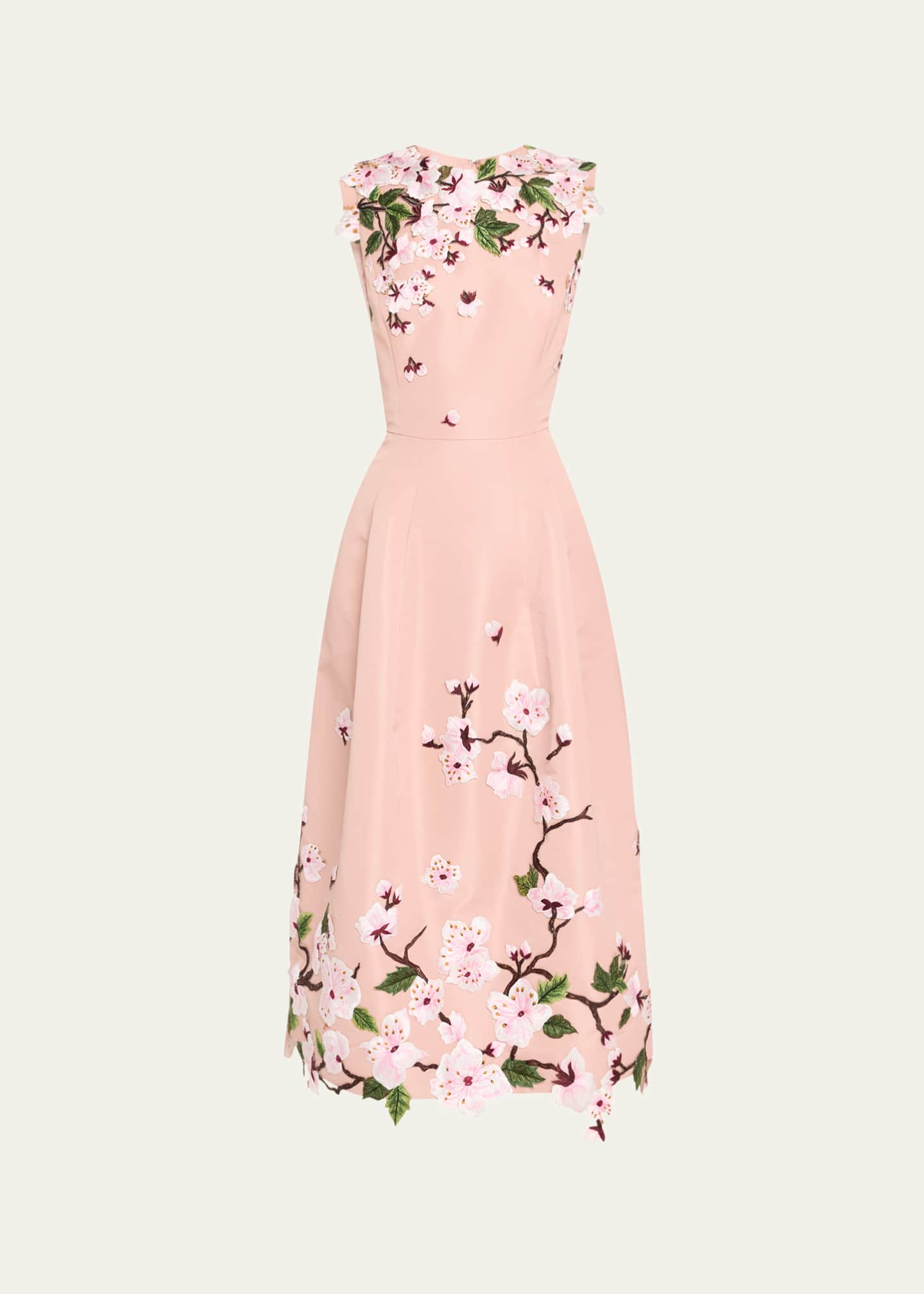Oscar de la Renta Cherry Blossom Embroidered Faille Sleeveless Cocktail Dress Image 1 of 5