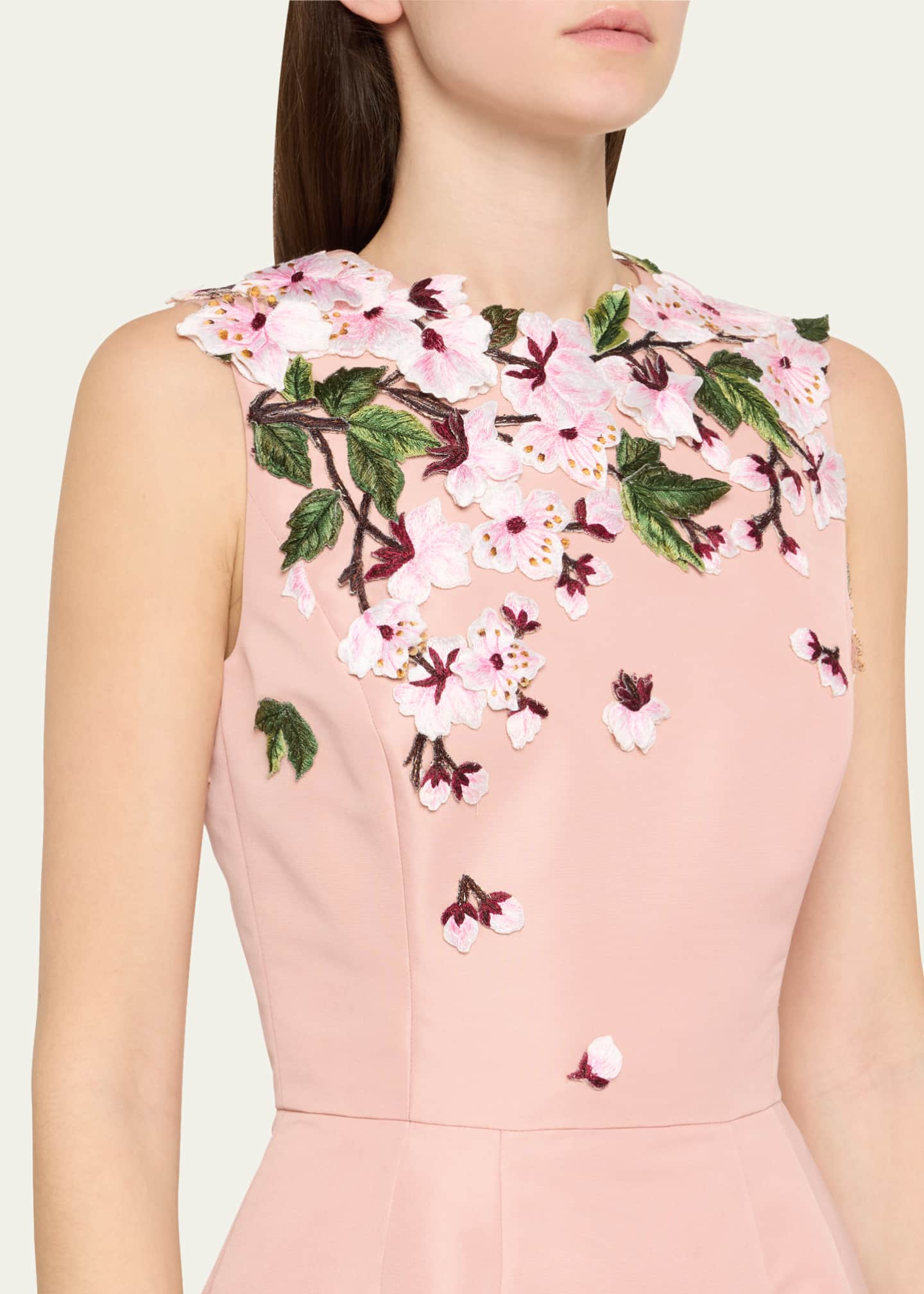 Oscar de la Renta Cherry Blossom Embroidered Faille Sleeveless Cocktail Dress Image 5 of 5