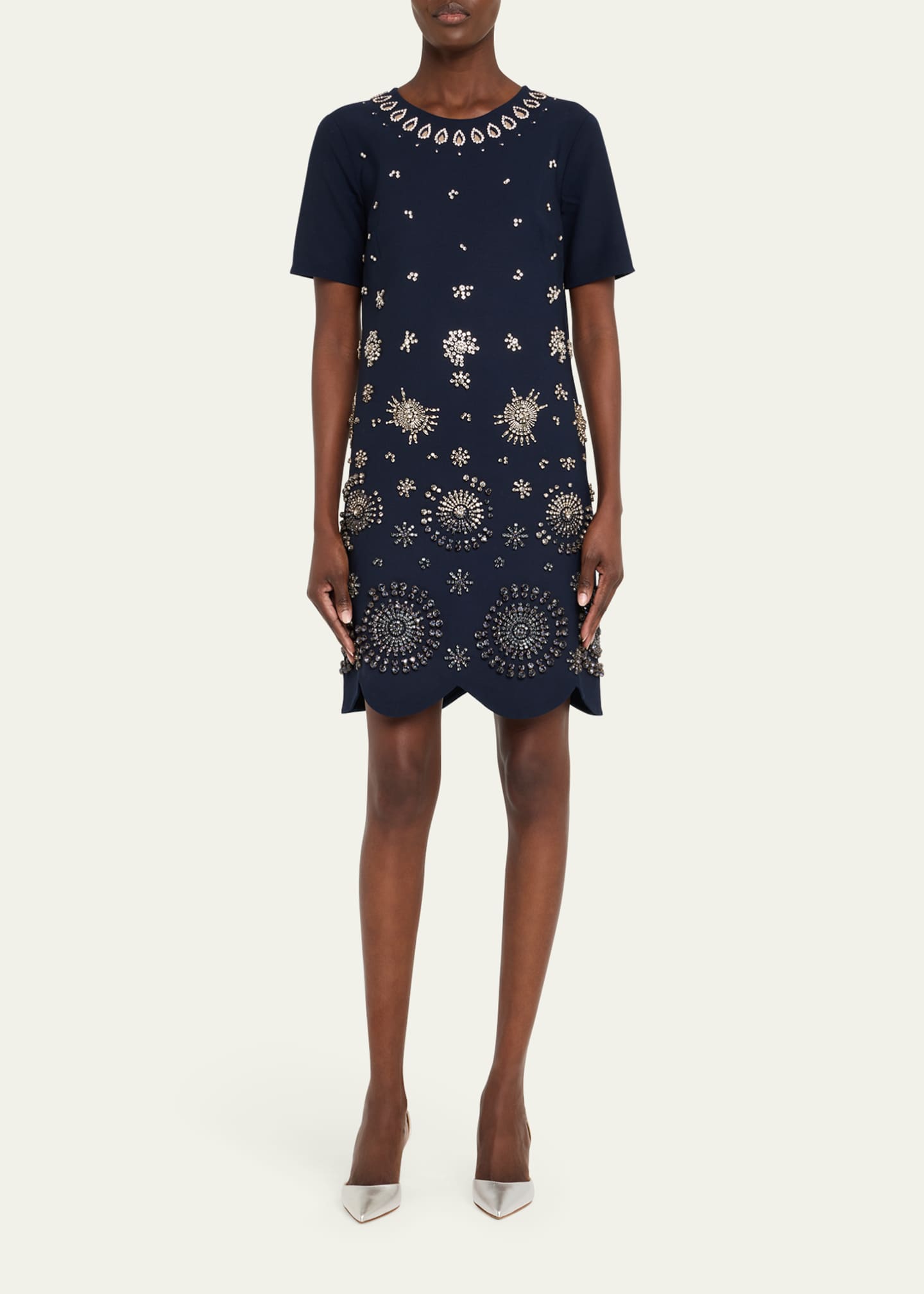 Oscar de la Renta Crystal Embroidered Short-Sleeve Mini Cocktail Dress Image 2 of 5