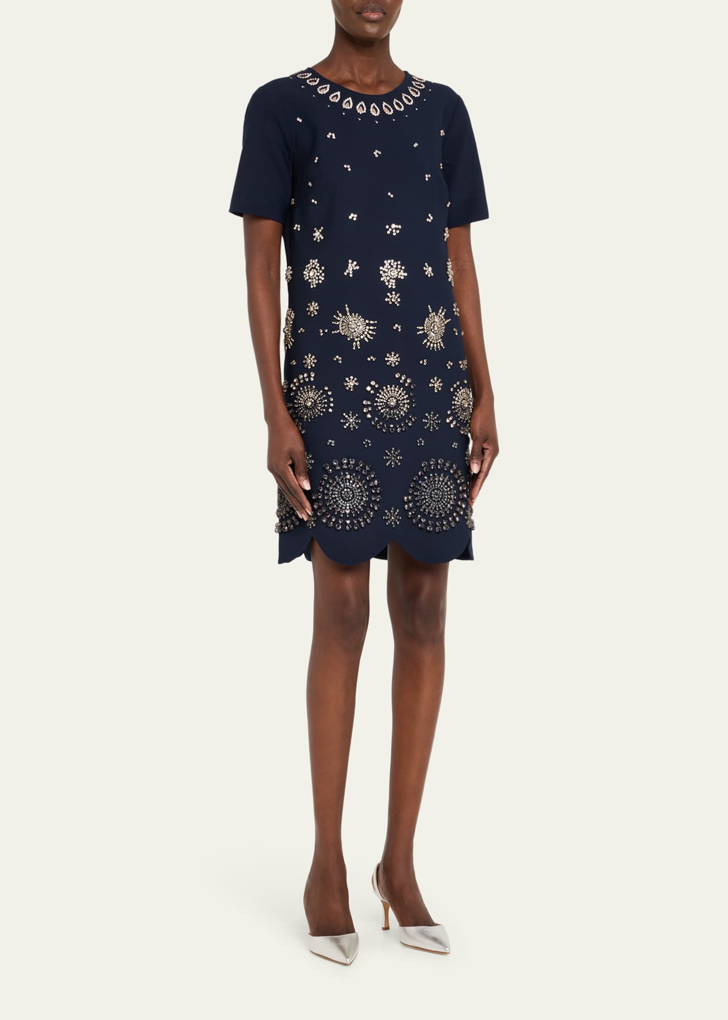 Oscar de la Renta Crystal Embroidered Short-Sleeve Mini Cocktail Dress Image 4 of 5