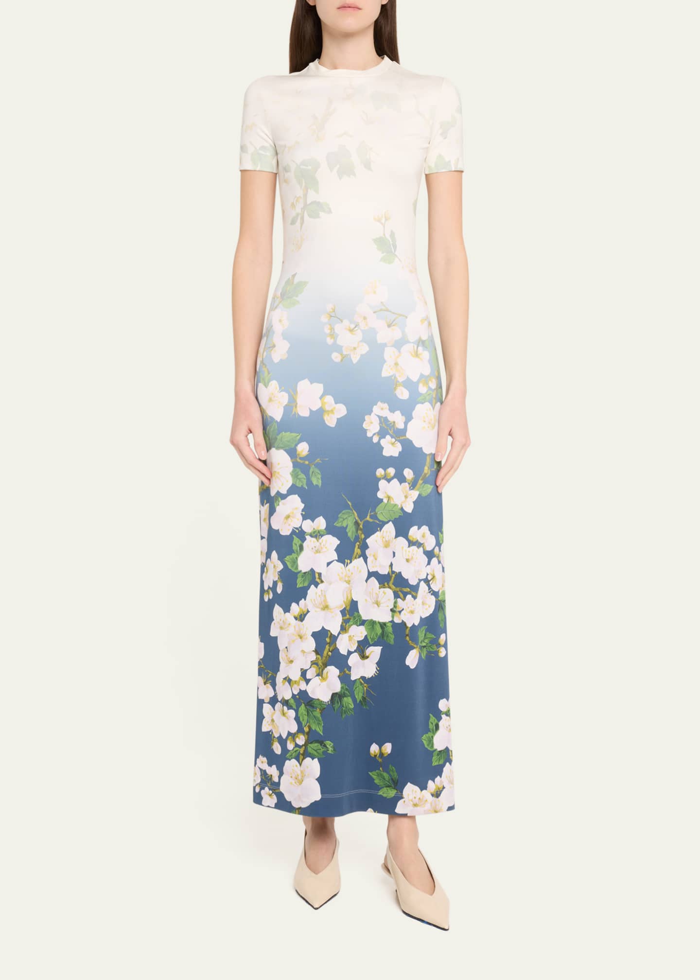 Oscar de la Renta Short-Sleeve Cherry Blossom Jersey Ankle Dress Image 2 of 5