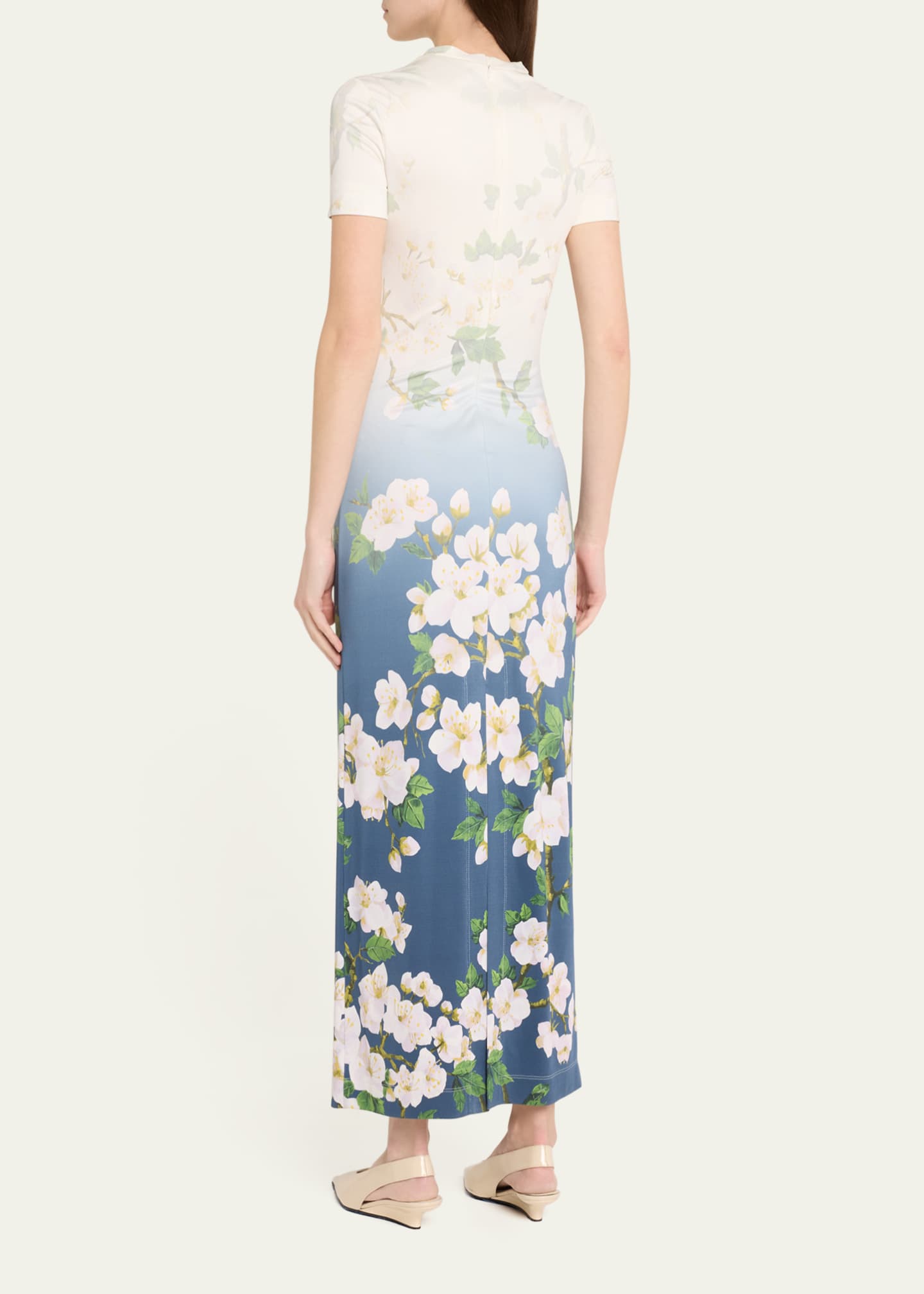 Oscar de la Renta Short-Sleeve Cherry Blossom Jersey Ankle Dress Image 3 of 5