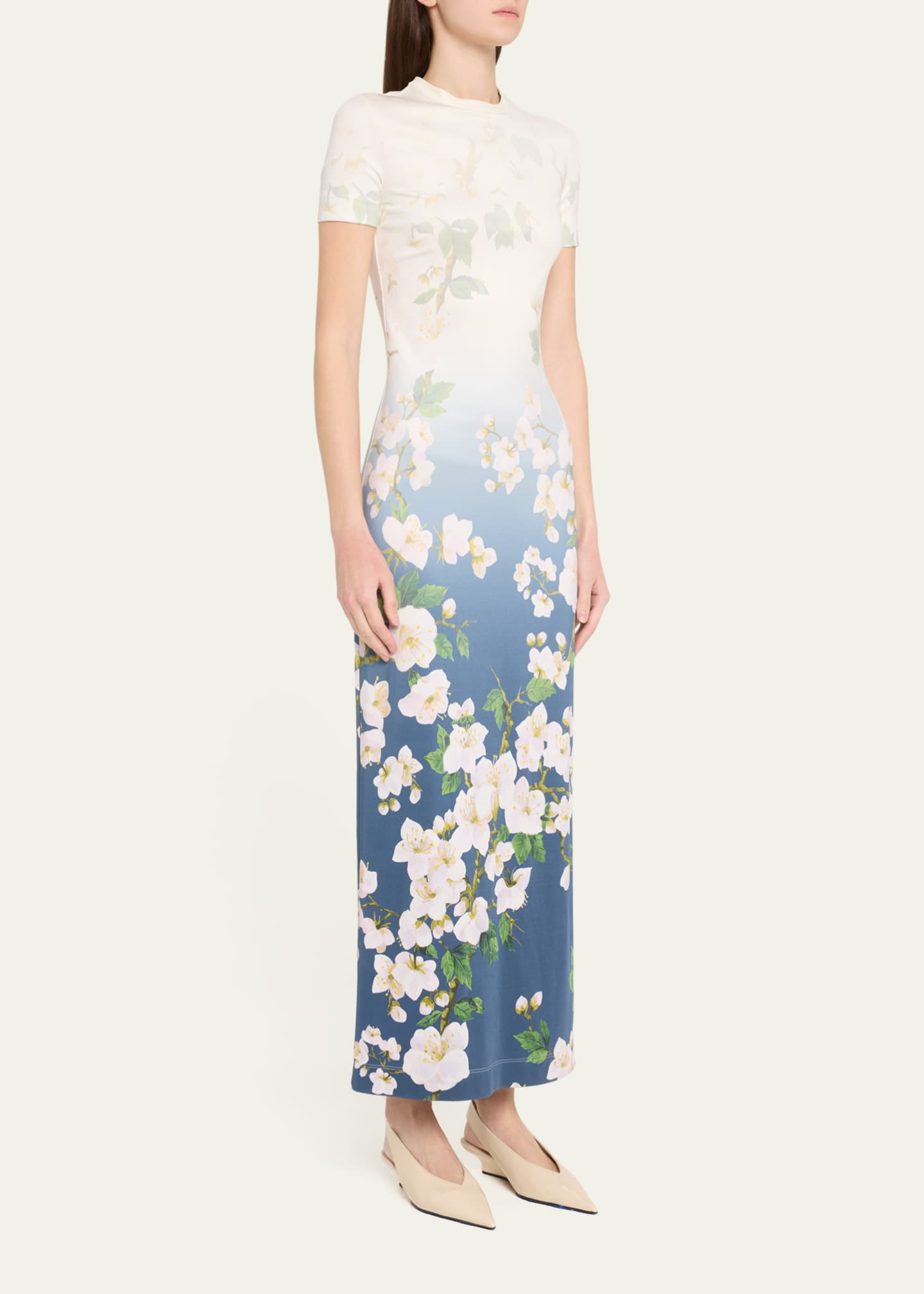 Oscar de la Renta Short-Sleeve Cherry Blossom Jersey Ankle Dress Image 4 of 5