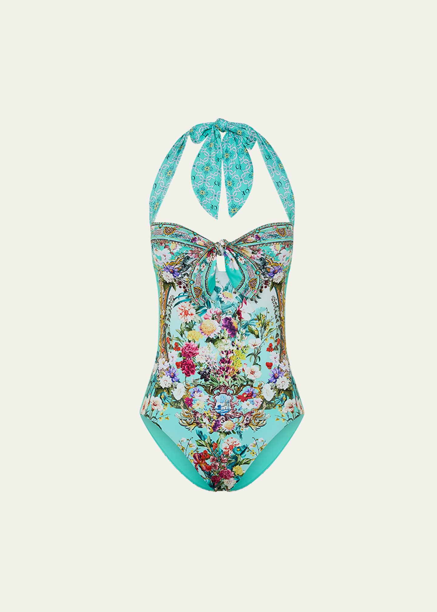 Camilla Gardens of Queluz Tie-Front Halter One-Piece Swimsuit