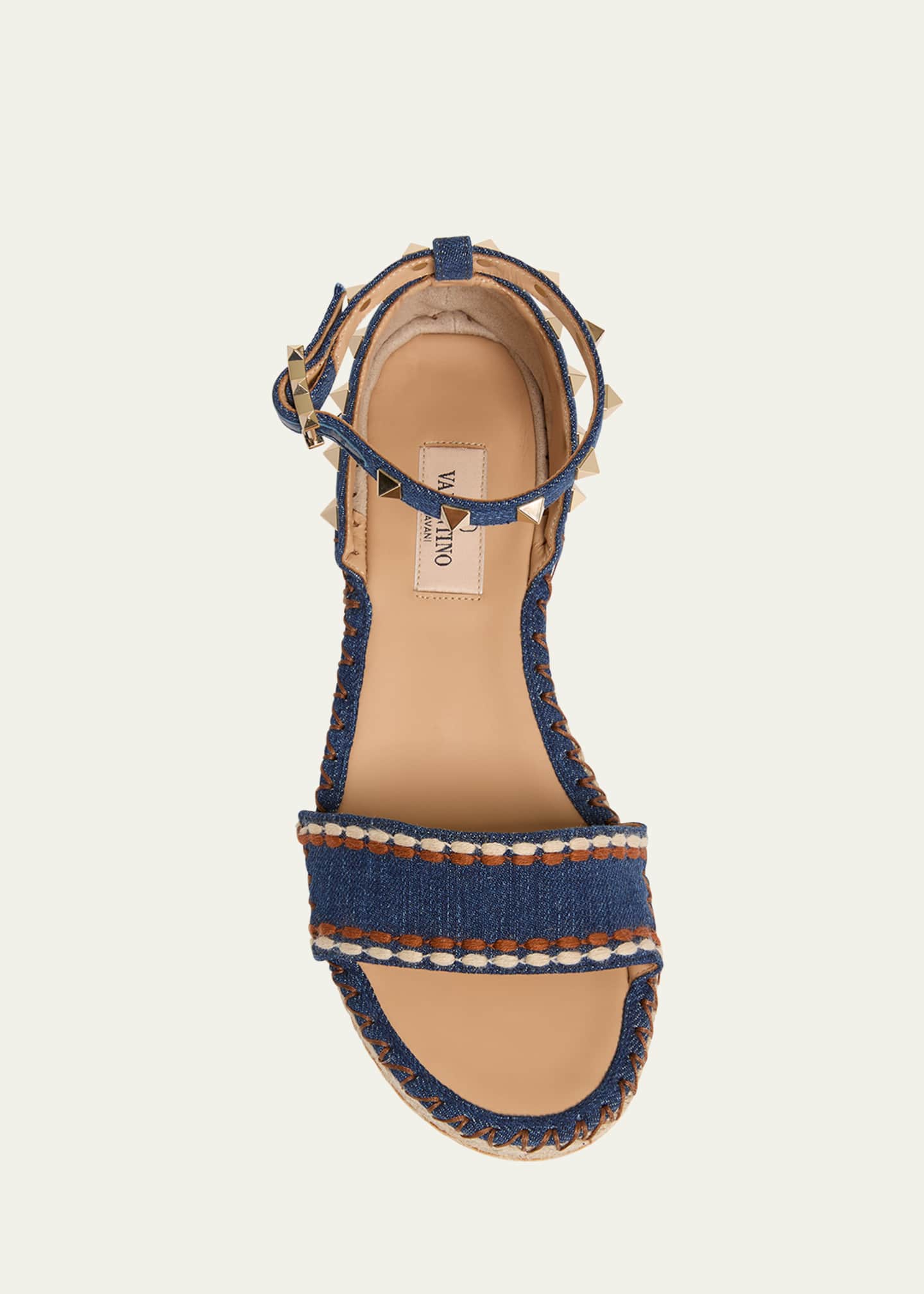 Valentino Garavani 55mm Rockstud Denim Wedge Espadrille Sandals