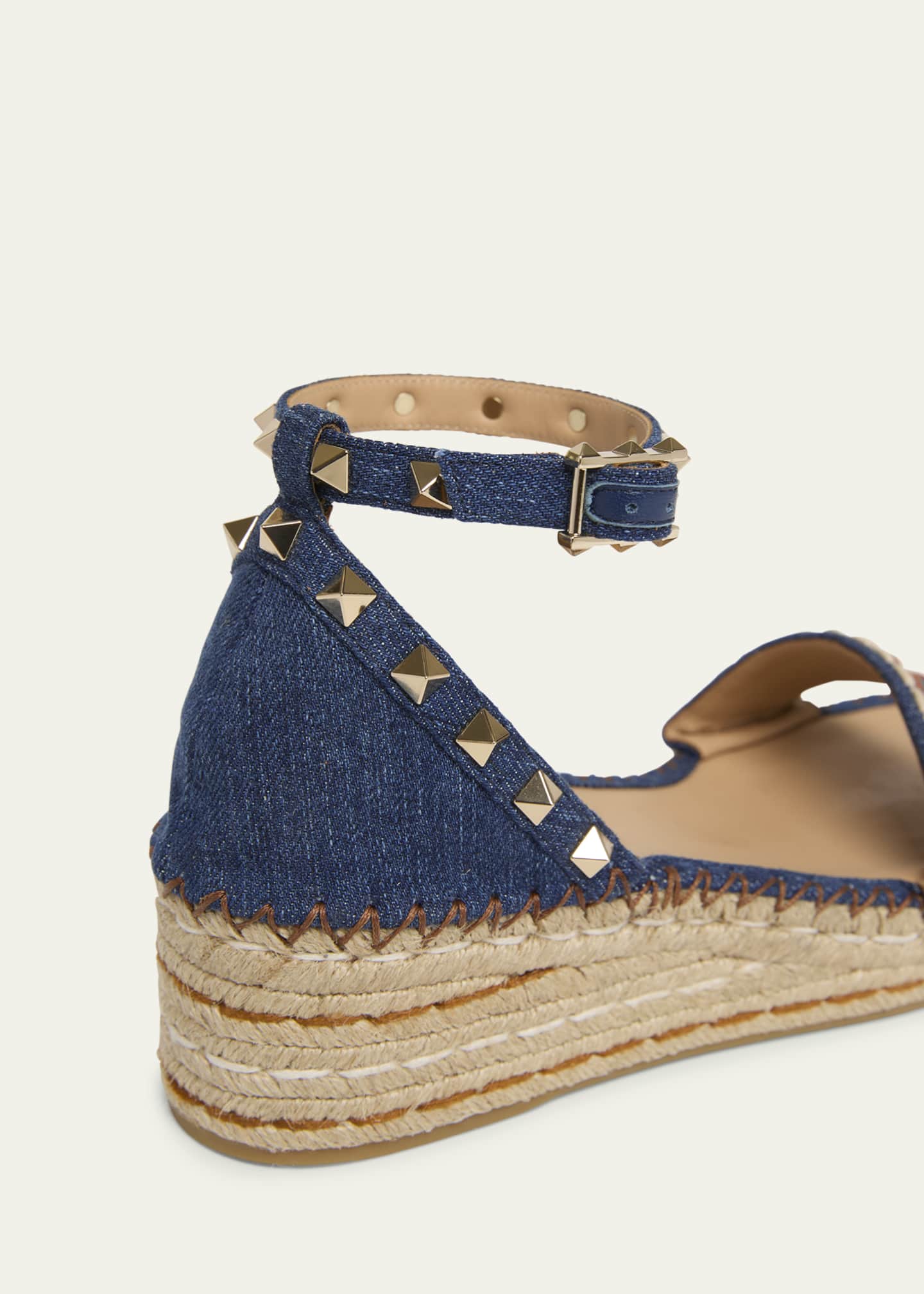 Valentino Garavani 55mm Rockstud Denim Wedge Espadrille Sandals