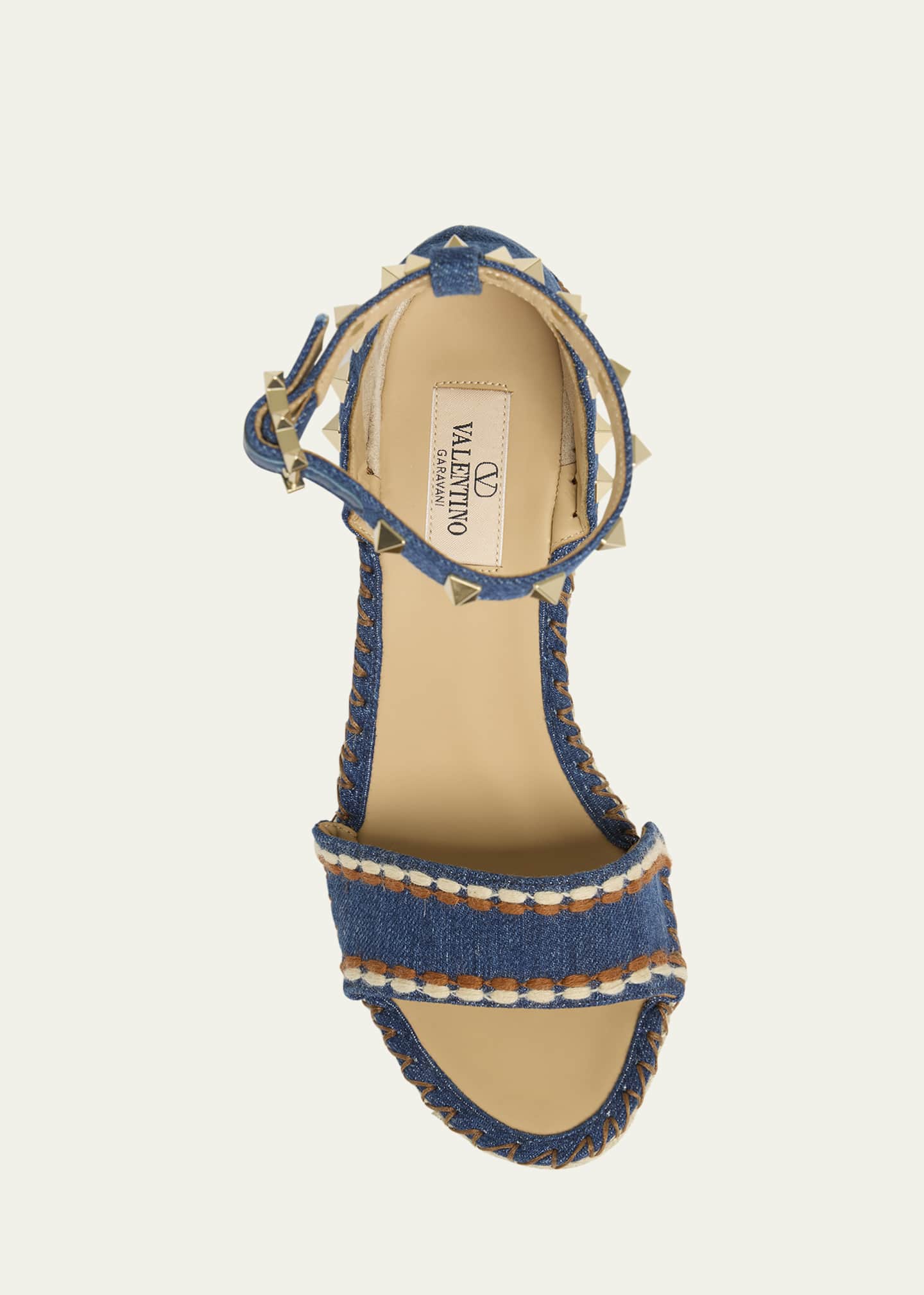 Valentino Garavani 105mm Rockstud Denim Wedge Espadrille Sandals