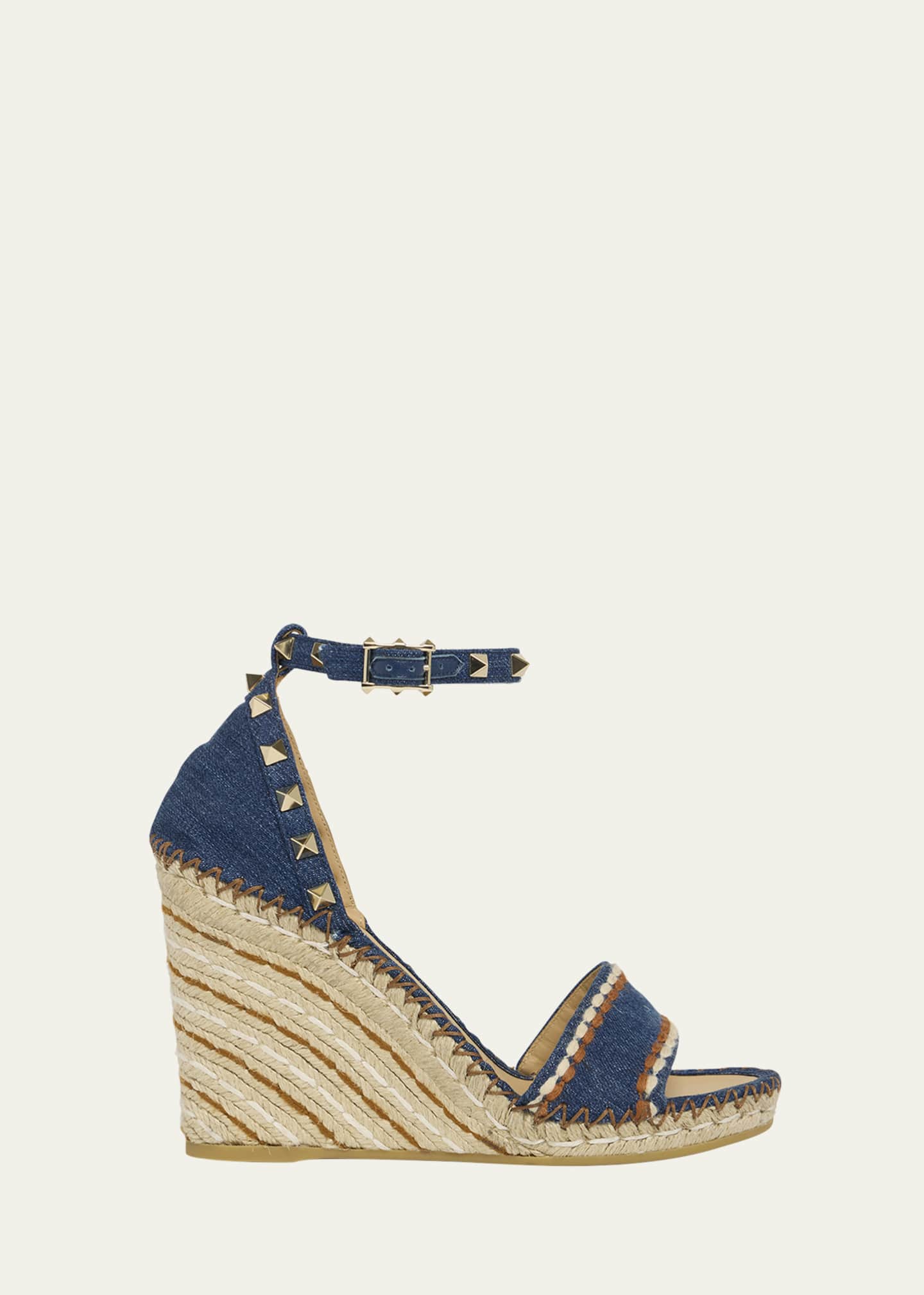 Valentino Garavani 105mm Rockstud Denim Wedge Espadrille Sandals