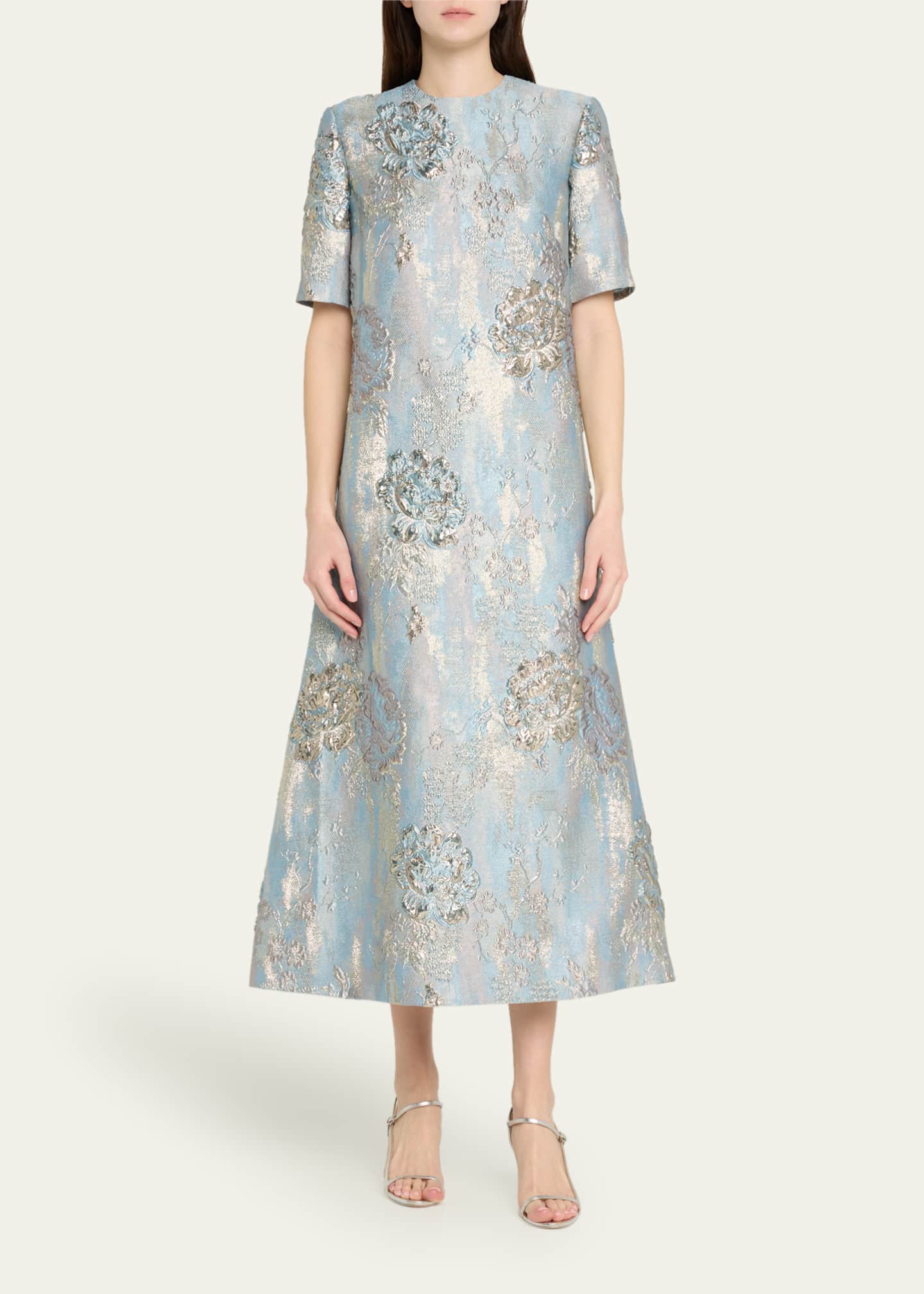 Metallic Floral Brocade Trapeze Dress - Thumbnail 2