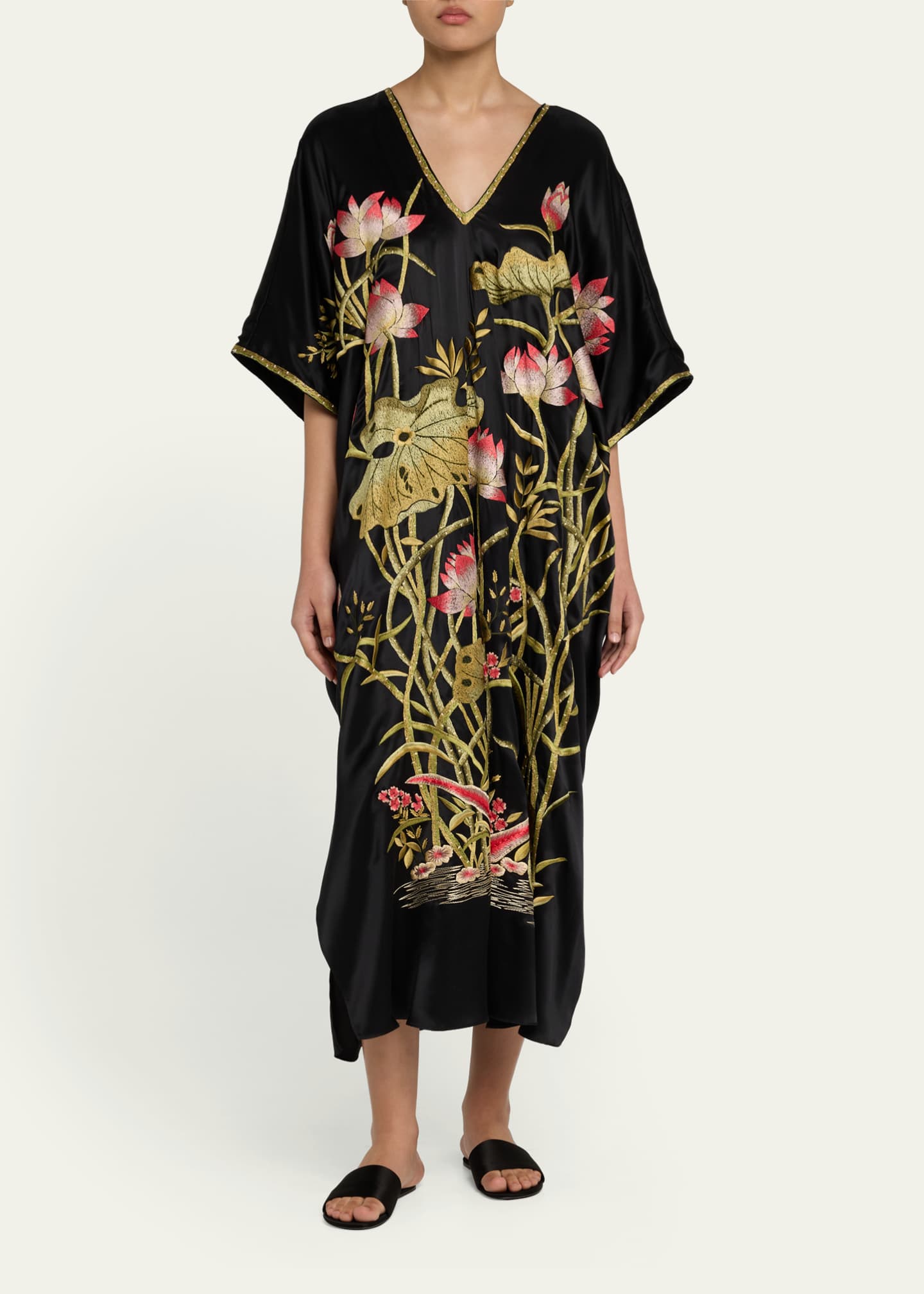 Josie Natori Lotus Couture Floral-Embroidered Midi Dress Image 2 of 5