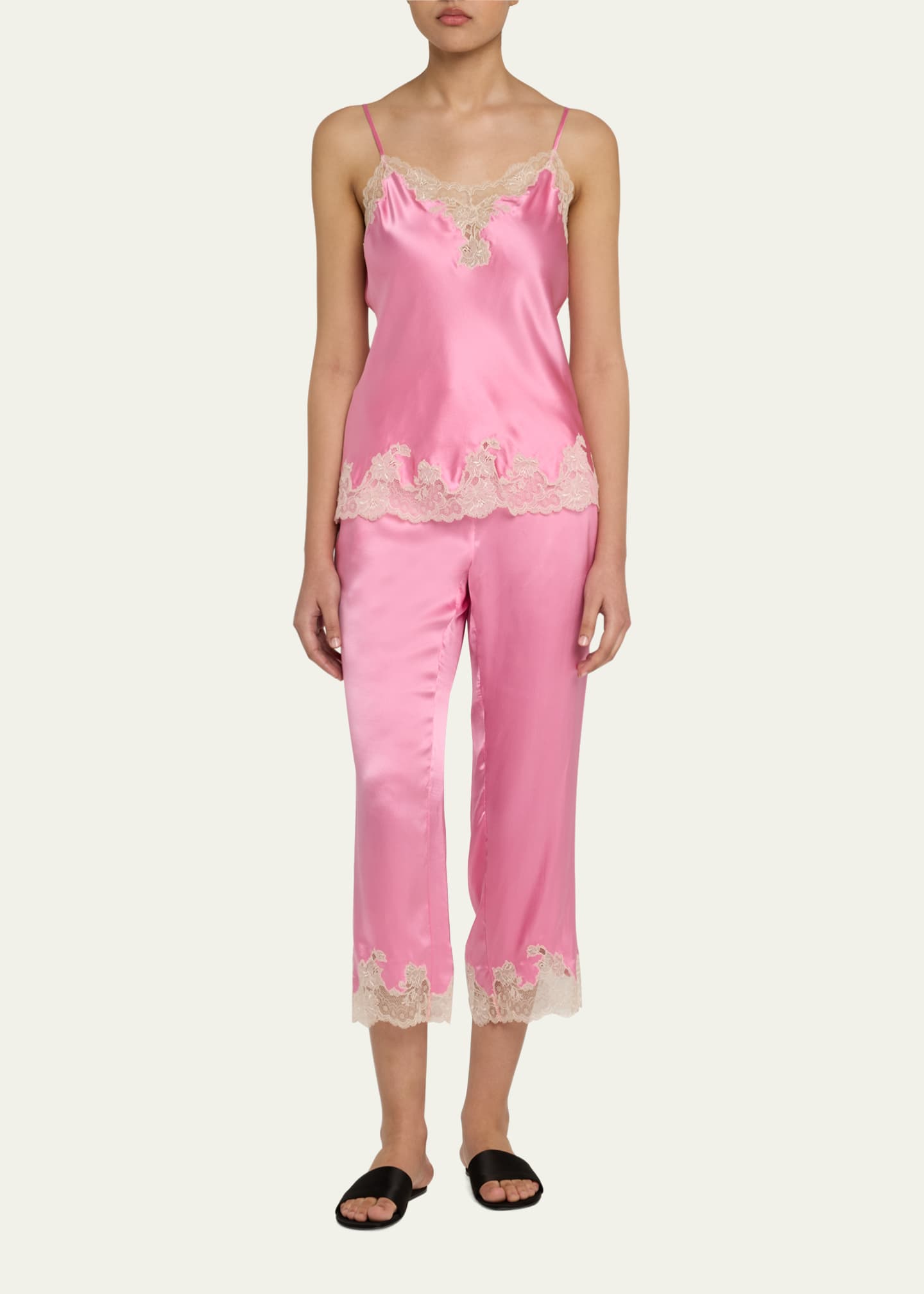 Josie Natori Lolita Lace-Trim Silk Charmeuse Crop Pajama Set Image 2 of 5
