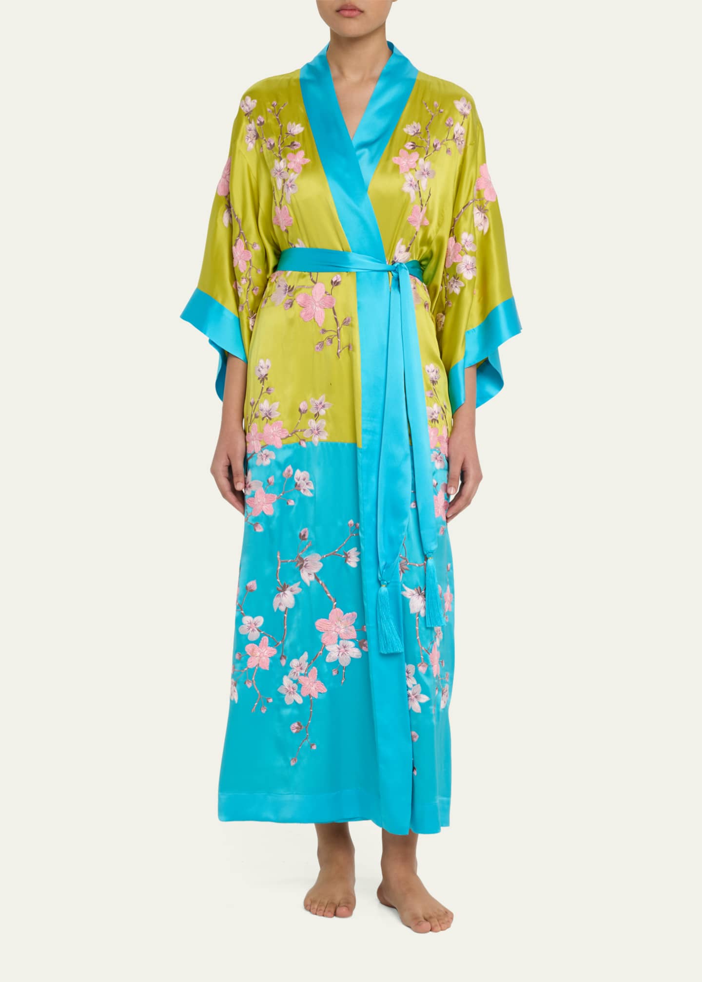 Josie Natori Sakura Couture Embroidered Colorblock Silk Robe Image 2 of 5