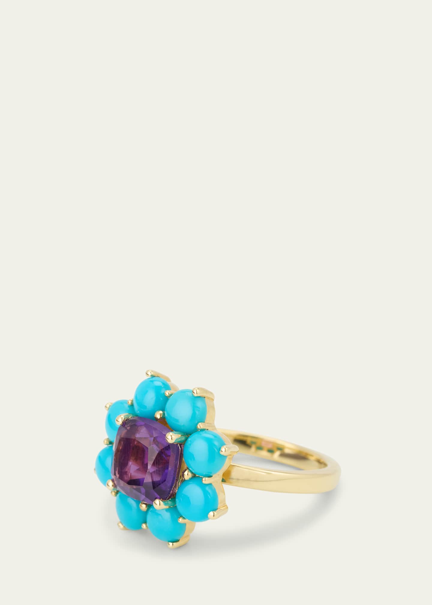 Jennifer Meyer Turquoise and Amethyst Flower Ring in 18K Yellow Gold, Size 6.5 Image 3 of 4