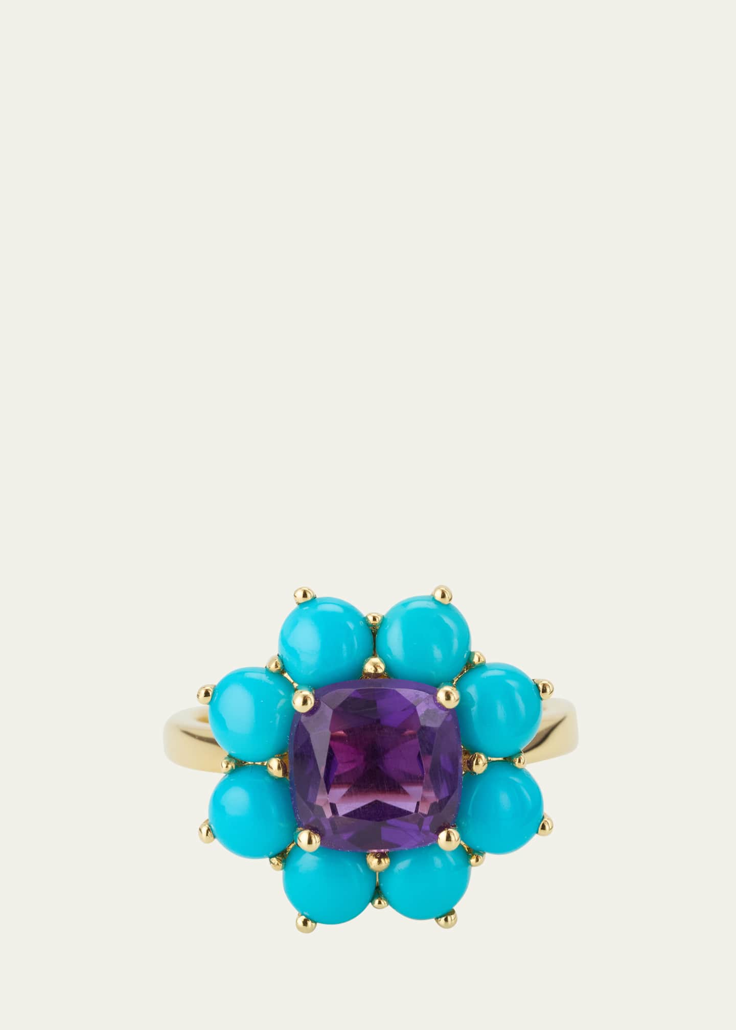 Jennifer Meyer Turquoise and Amethyst Flower Ring in 18K Yellow Gold, Size 6.5 Image 1 of 4
