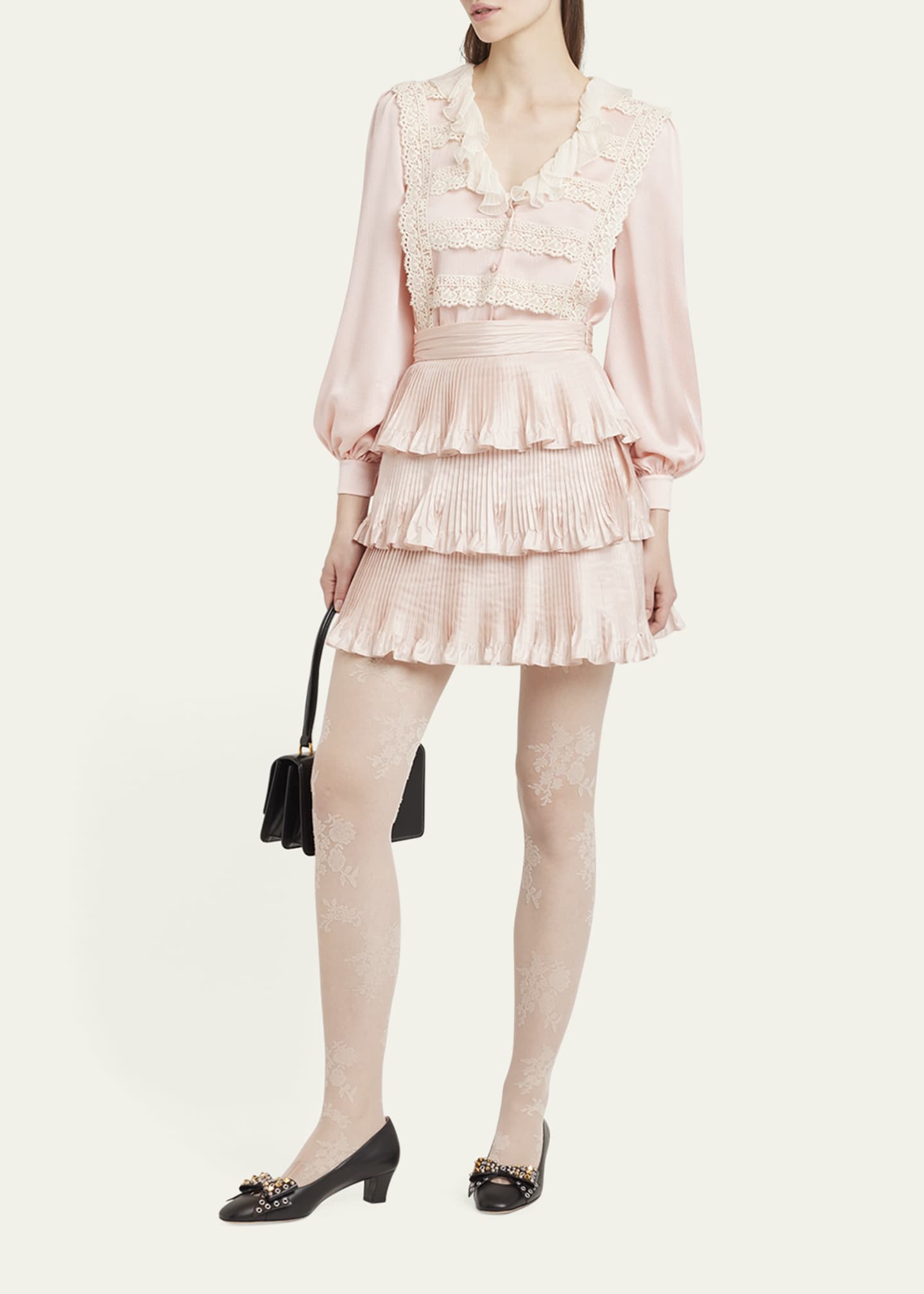 Valentino Garavani Ruffle V-Neck Lace Trim Silk Shirt Image 2 of 5
