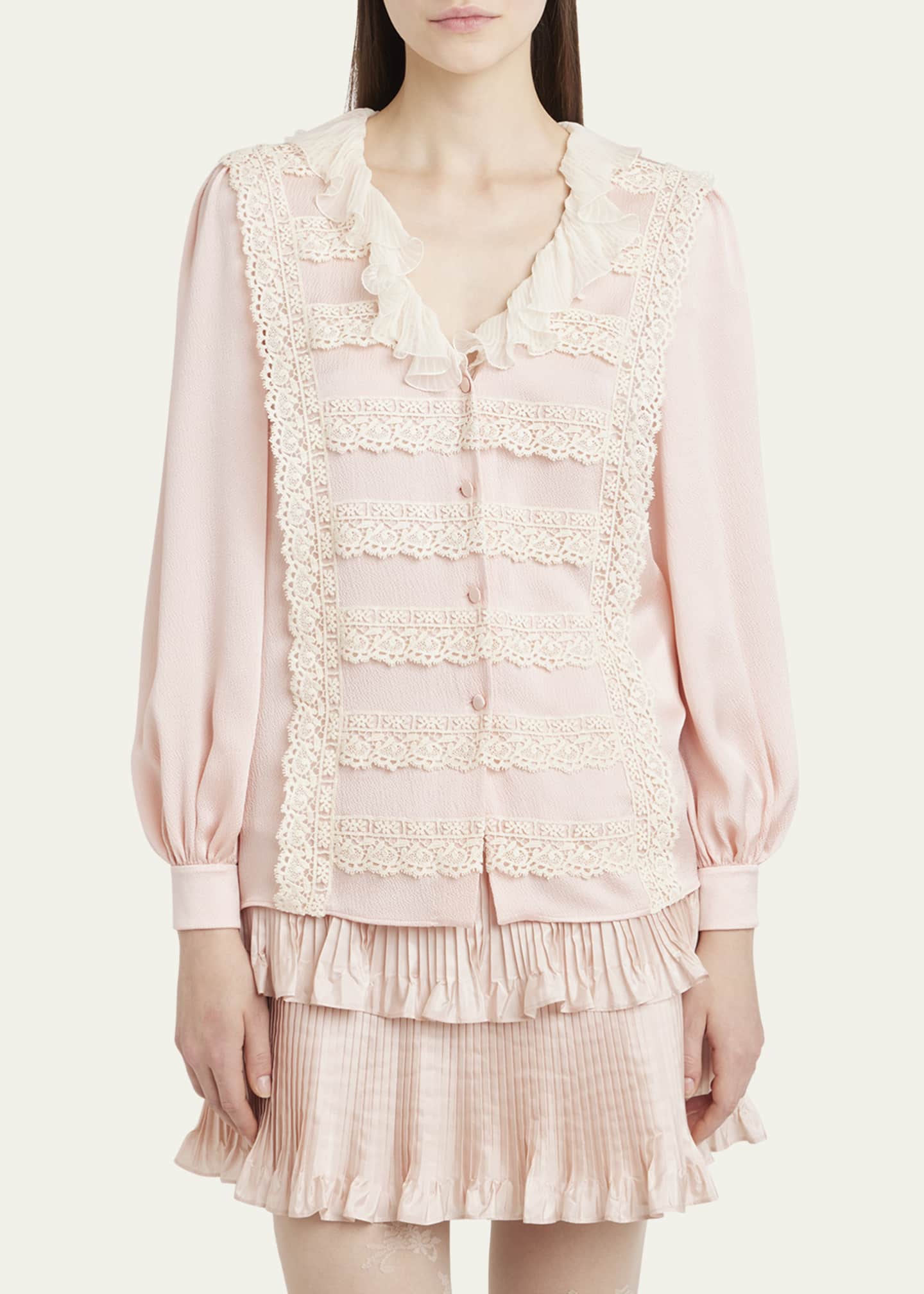 Valentino Garavani Ruffle V-Neck Lace Trim Silk Shirt Image 4 of 5