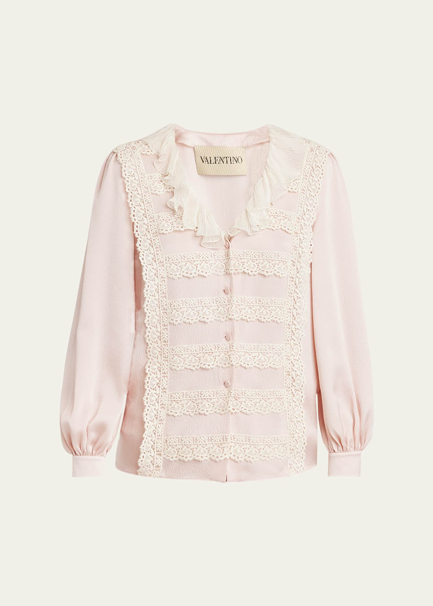 Valentino Garavani Ruffle V-Neck Lace Trim Silk Shirt Image 1 of 5