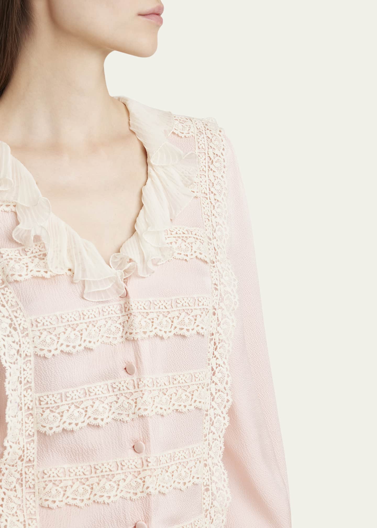 Valentino Garavani Ruffle V-Neck Lace Trim Silk Shirt Image 5 of 5