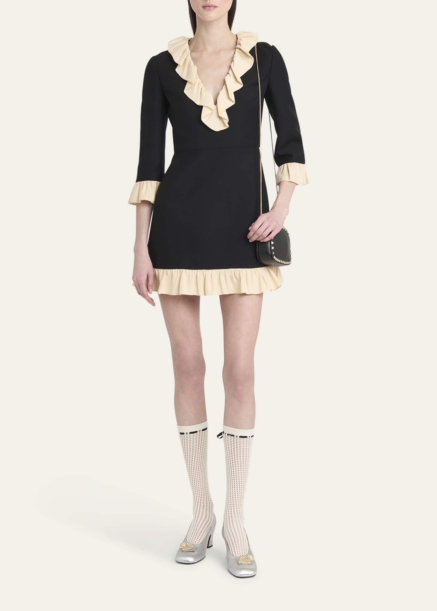 Valentino Garavani Ruffle V-Neck 3/4-Sleeve Mini Dress Image 2 of 5