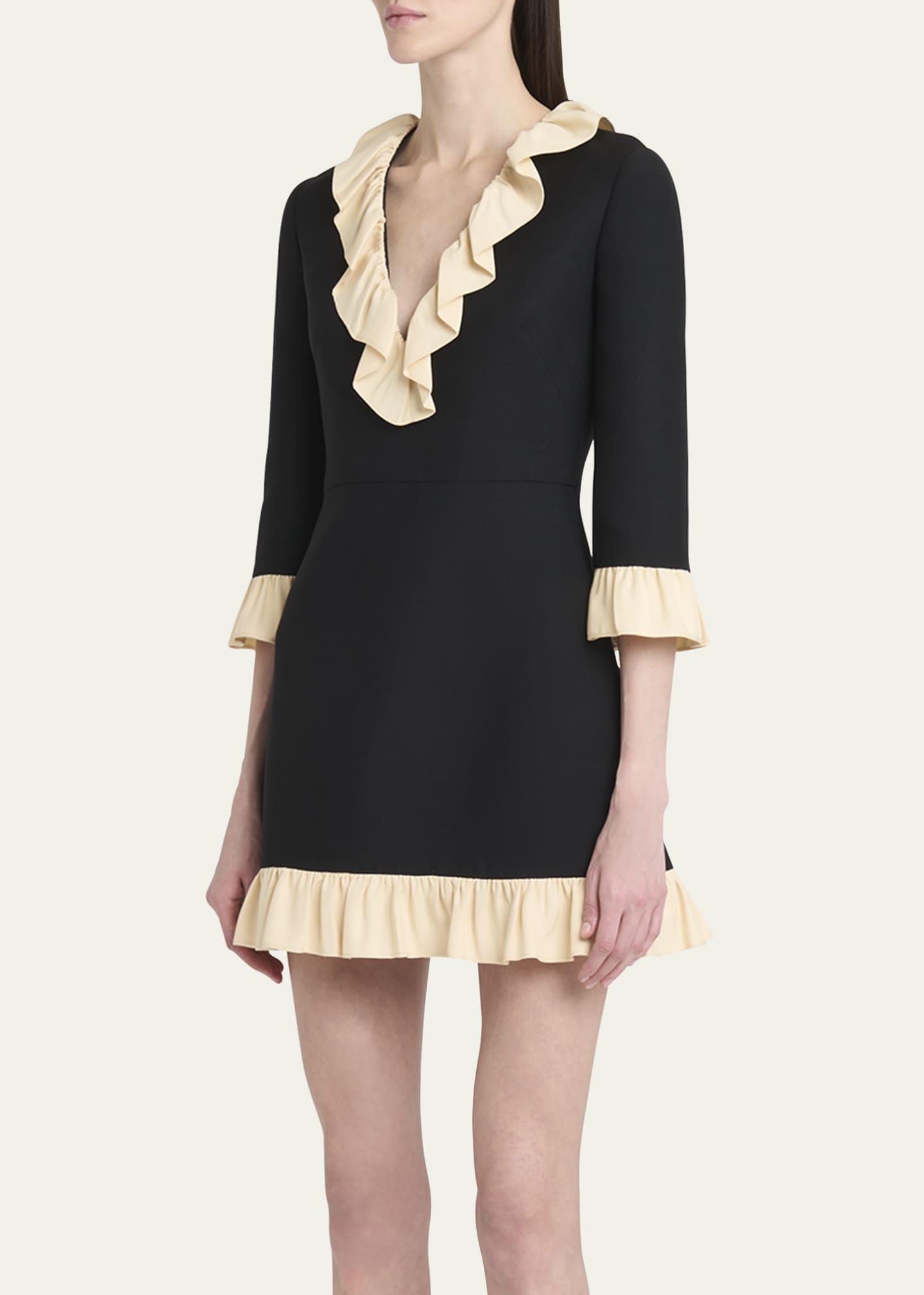 Valentino Garavani Ruffle V-Neck 3/4-Sleeve Mini Dress Image 4 of 5
