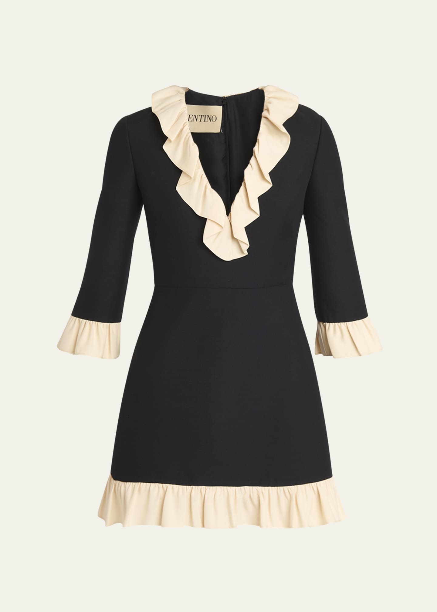 Valentino Garavani Ruffle V-Neck 3/4-Sleeve Mini Dress Image 1 of 5