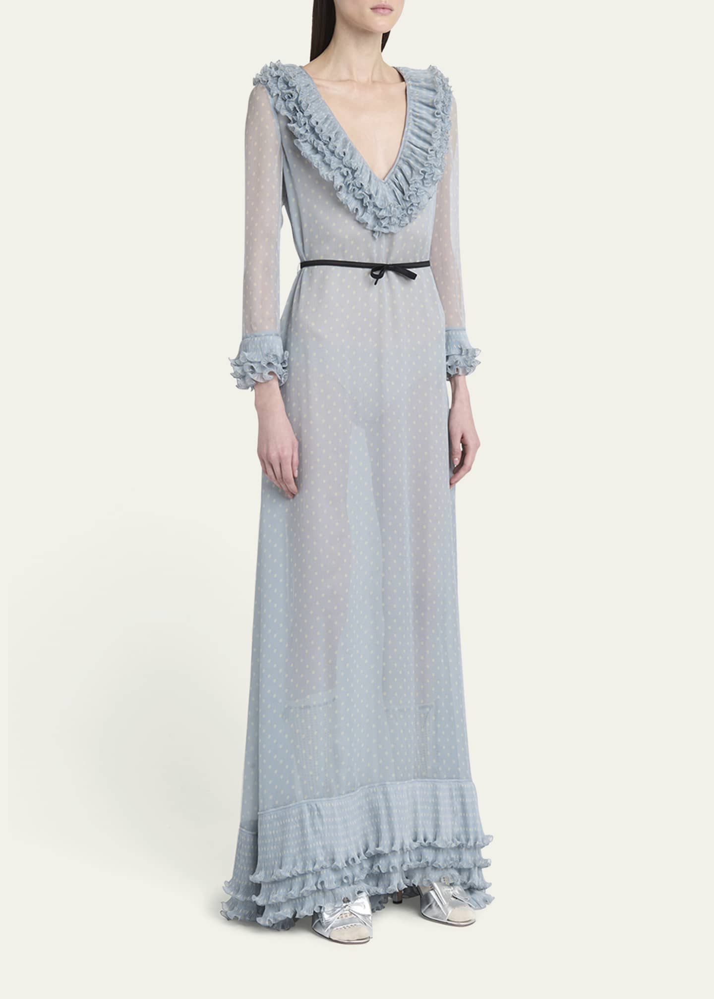 Valentino Garavani Polka Dot Layered Ruffle Sheer Gown with Ribbon Image 4 of 5