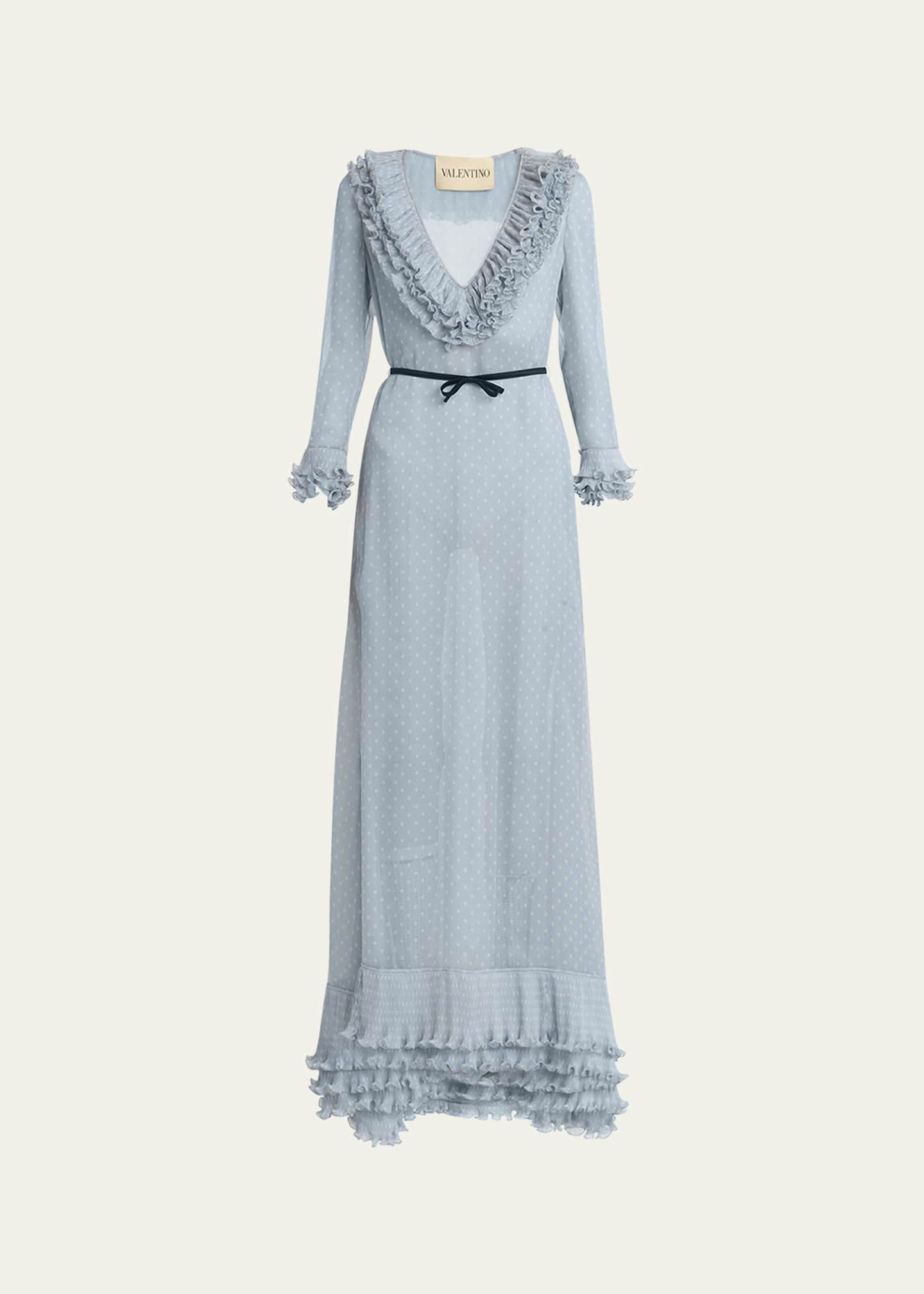 Valentino Garavani Polka Dot Layered Ruffle Sheer Gown with Ribbon Image 1 of 5