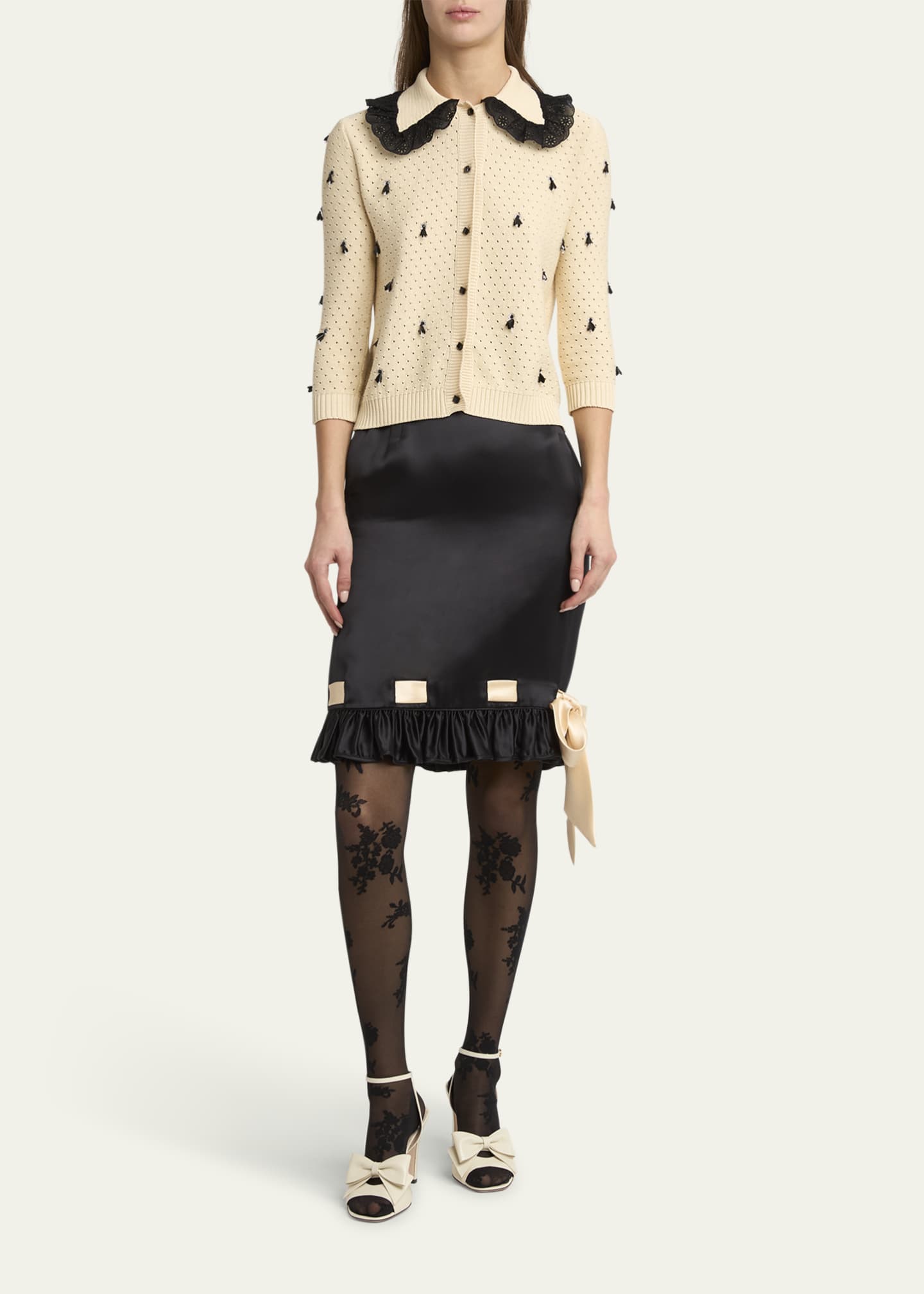 Valentino Garavani Pointelle Micro Tassel Ruffled Cardigan Image 2 of 5